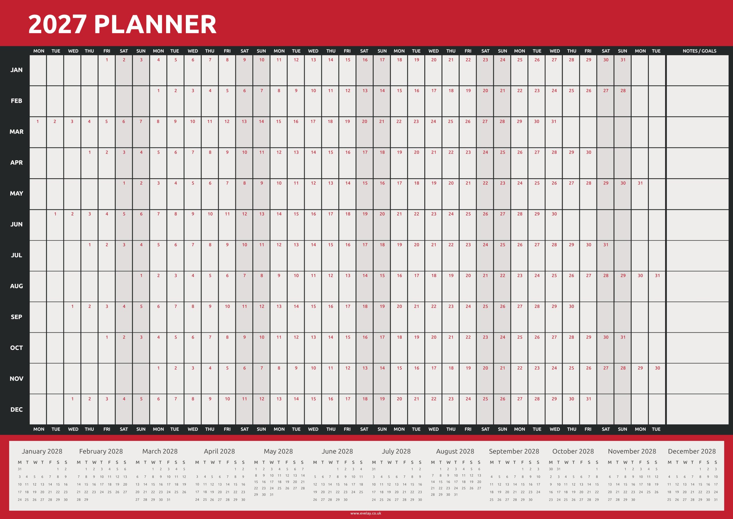 Kalender 2025, A0, großes Format (84 x 118 cm), gerollter Jahres-Wandplaner, doppelseitig, rotes und Regenbogen-Design auf jeder Seite, ganzes Jahr für das Heimbüro