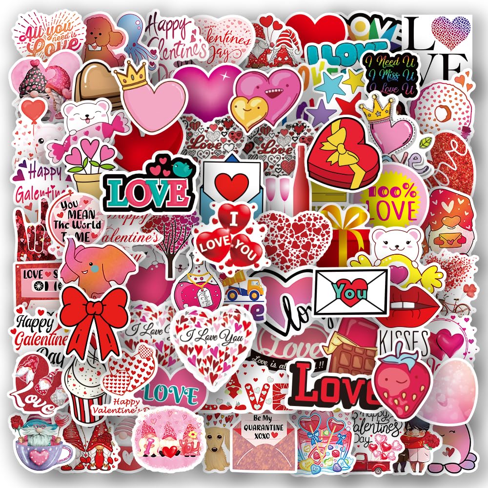 104 PC Valentine's Day Stickers, Pink Heart Love & Cute Valentine Stickers for Water Bottle, Laptop & Party Favors (Waterproof & Reusable)
