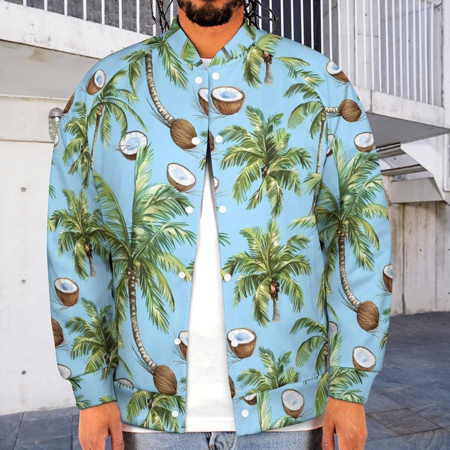 Coconut Tree Beach Palm Tree Novelty Men's Baseball Jackets Causal Sweatshirt Button Top Long Sleeve Coat