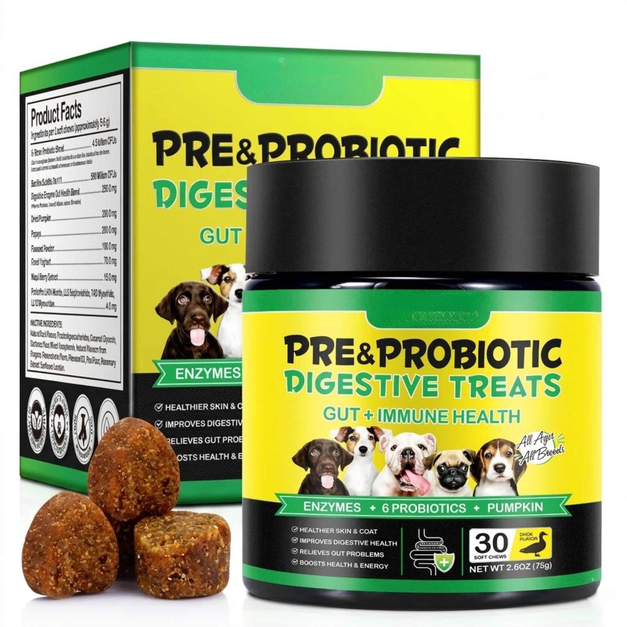 Pre & Probiotic Digestive for Dogs (Duck Flavour | 30 Soft Chews) – Gut & stomach Health Supplement with Enzymes, Pumpkin & Papaya, Digestive Support, Anti Diarrhea & Bloating Relief