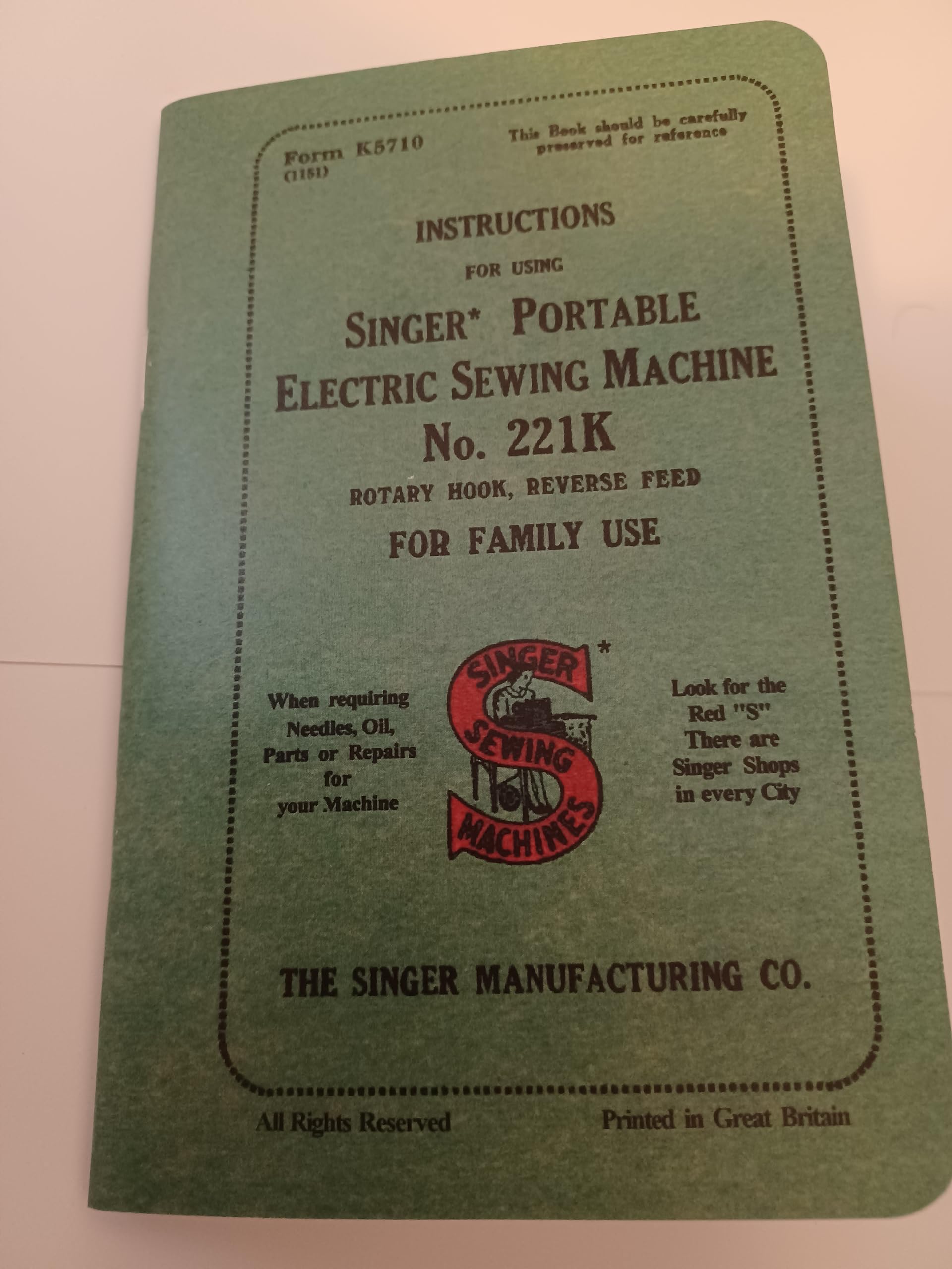 TabSynth Design Works LLC Singer 221K Featherweight Sewing Machine Manual (Repr.), White