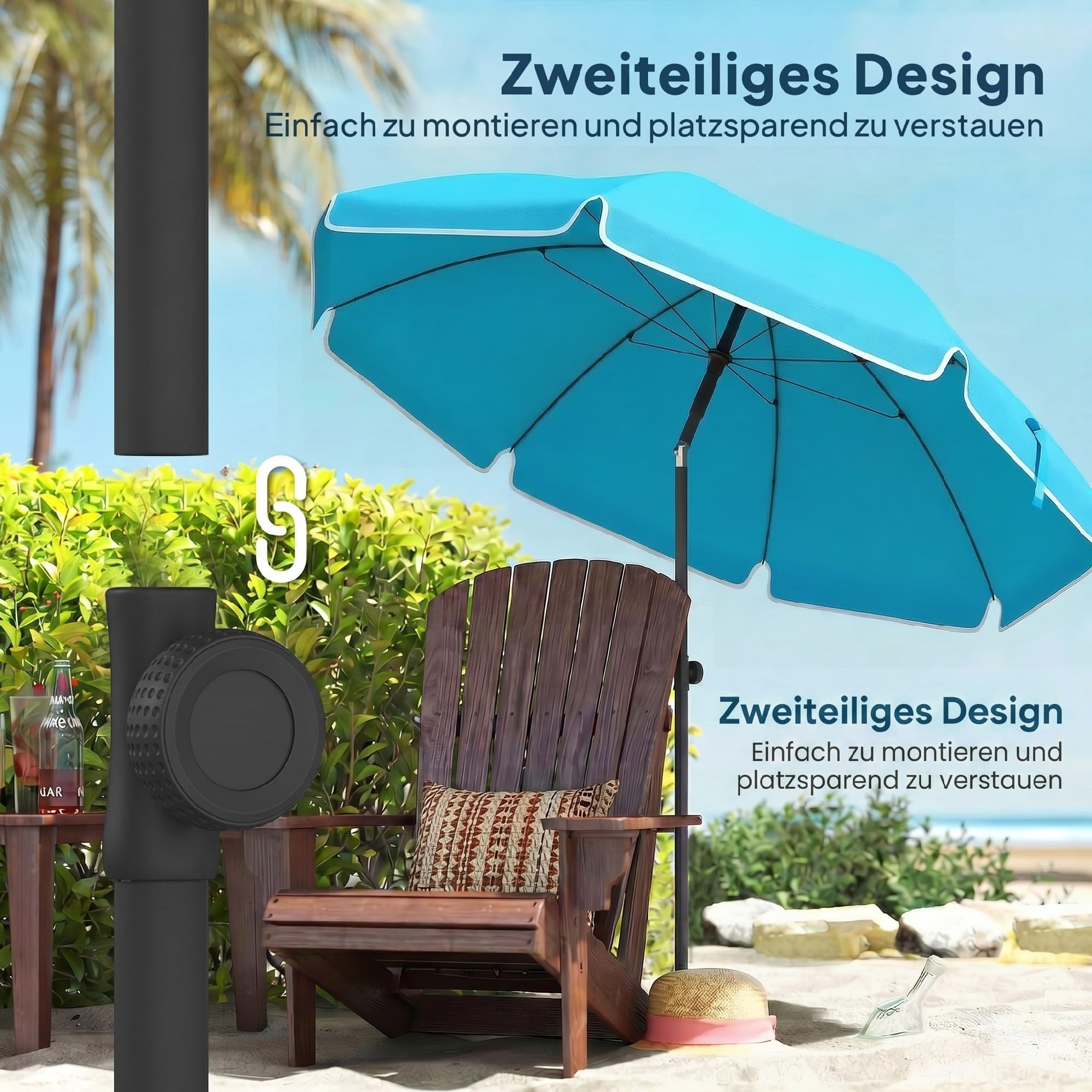 Outsunny Sonnenschirm Strand Ø150 cm Strandschirm mit Sonnenschutz wasserabweisend, Balkon-Schirm mit verstellbarem Neigungswinkel Sandanker, Tragetasche, Gartenschirm für Camping Reisen, Blau