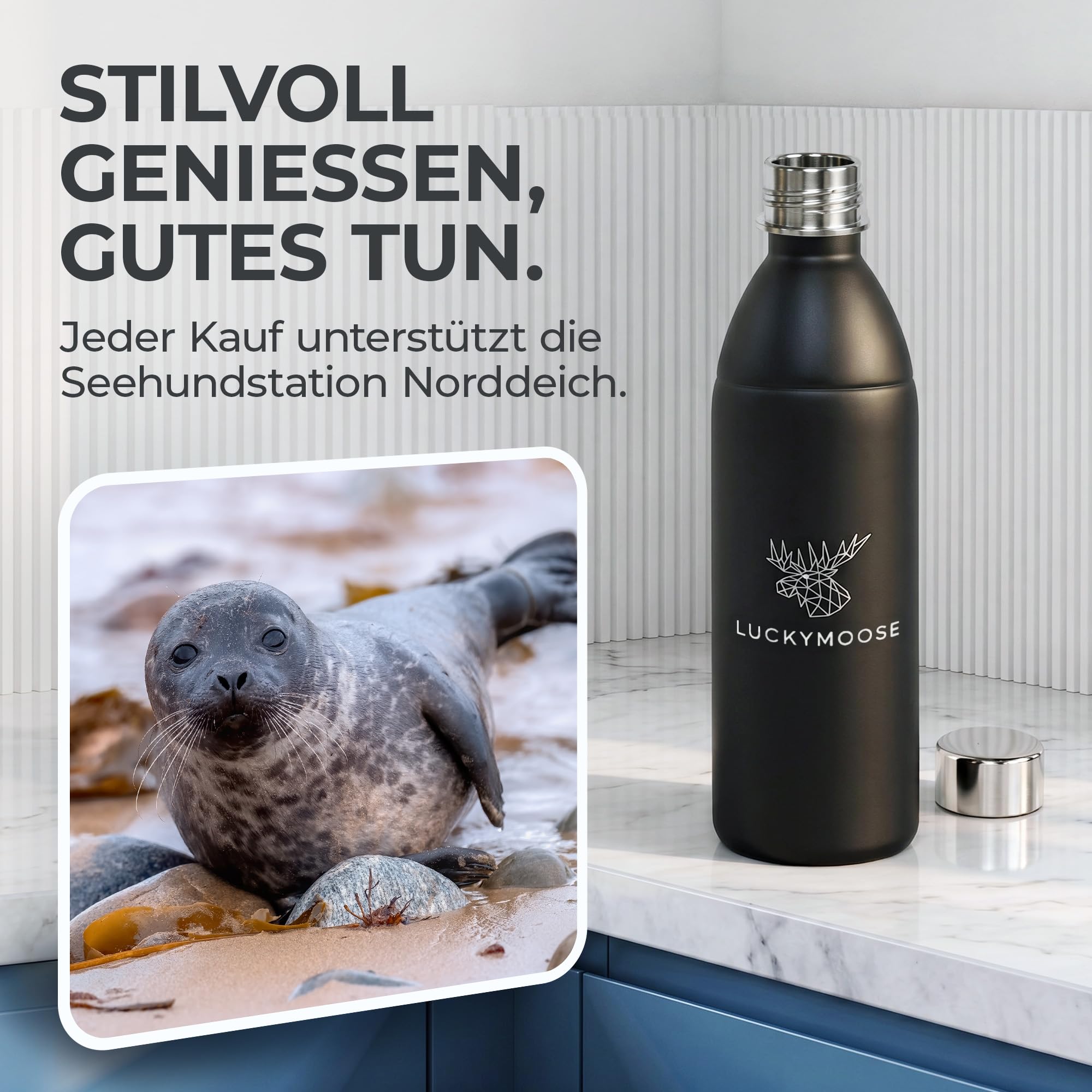 Luckymoose Infinity Edelstahlflasche (1,1L) kompatibel mit SodaStream DUO & TERRA Wassersprudler – Umweltfreundlich, Bruchsicher und Spülmaschinenfest – hochwertiger 304 Edelstahl statt Plastik