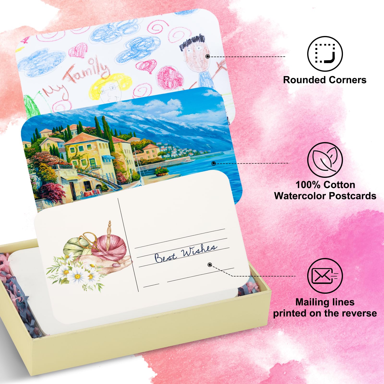 PATIKIL 100 Pz Cartoline da Acquerello In Cotone 4"x6" Arrotondate Pressata a Caldo, Cartoline e Biglietti Di Ringraziamento Creativi e Natalizie DIY, 140lb/300 GSM (Beige-Grana Fine)