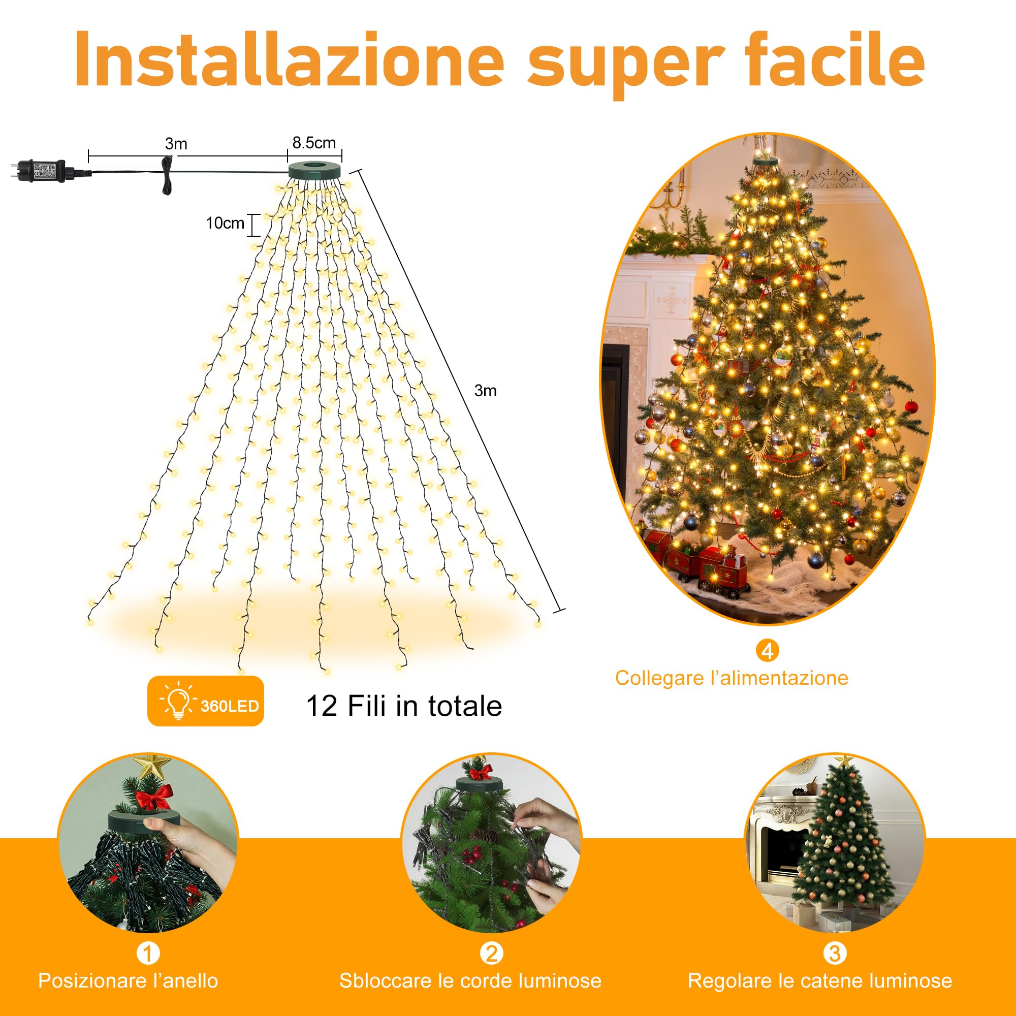HeiPard luci Albero di Natale con anello 3M 360LED 12 Rami Catene Luminose Esterno Interno 8 Modalità Timer Impermeabile per 240-350cm albero di Natale, Bianco Caldo