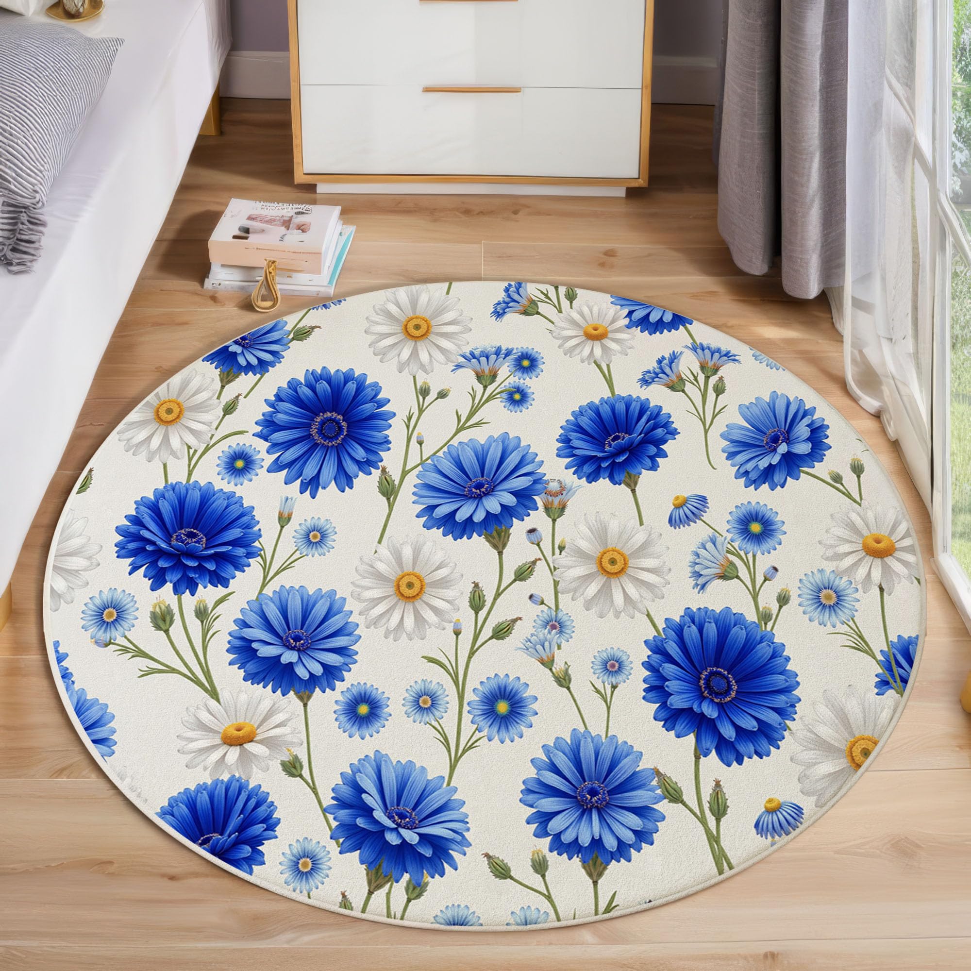Tapis bleu blanc 120 cm rond Marguerite lavable et antidérapant