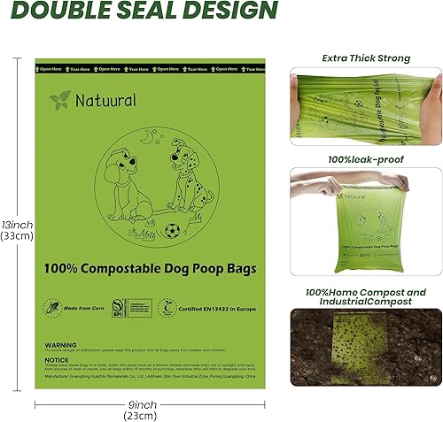 Miniatura 3 de Bolsas compostables certificadas para excremento de perro, 270 bolsas, 18 rollos, bolsas para excrementos para perros hechas de almidón de maíz,