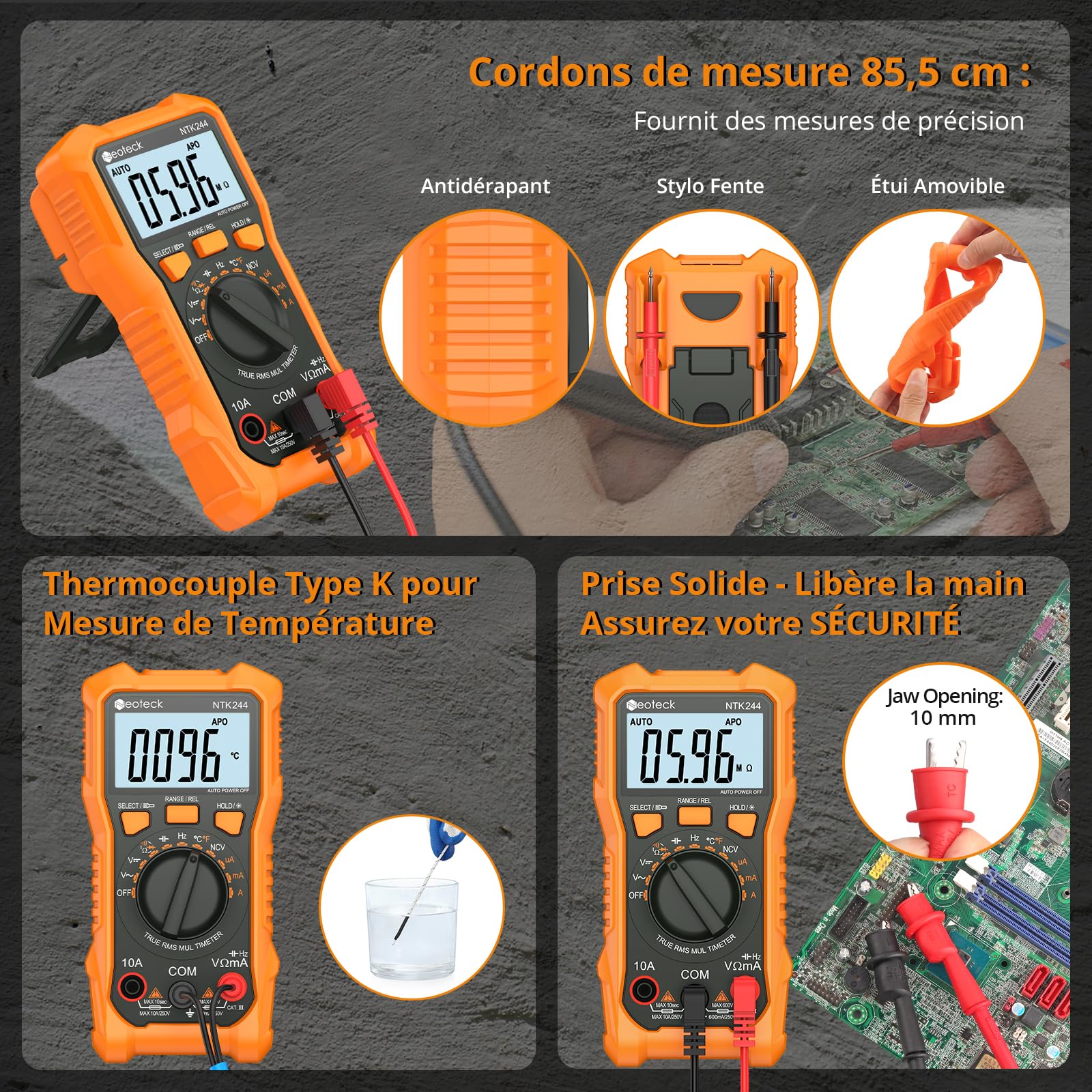 Neoteck Multimètre Numérique 6000 Comptes Testeur Électrique 600V 10A AC DC Courant Tension Résistance Capacité NCV Fréquence Température avec Pince Crocodile