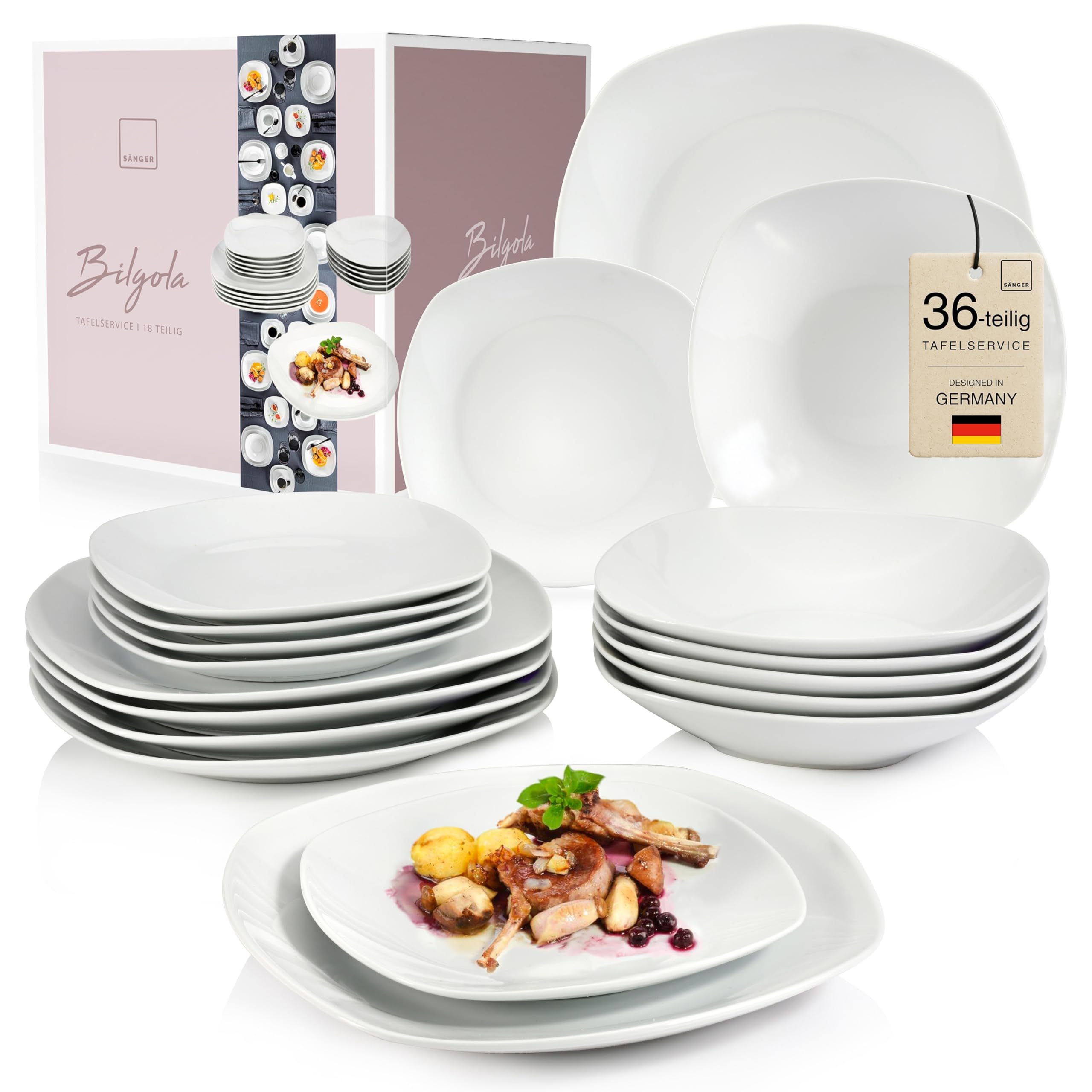 SÄNGER | Tafelservice Bilgola Weiß, 36-teiliges Geschirrset für 12 Personen mit Suppen-, Dessert-, & flachen Tellern aus Porzellan | PREMIUM COLLECTION
