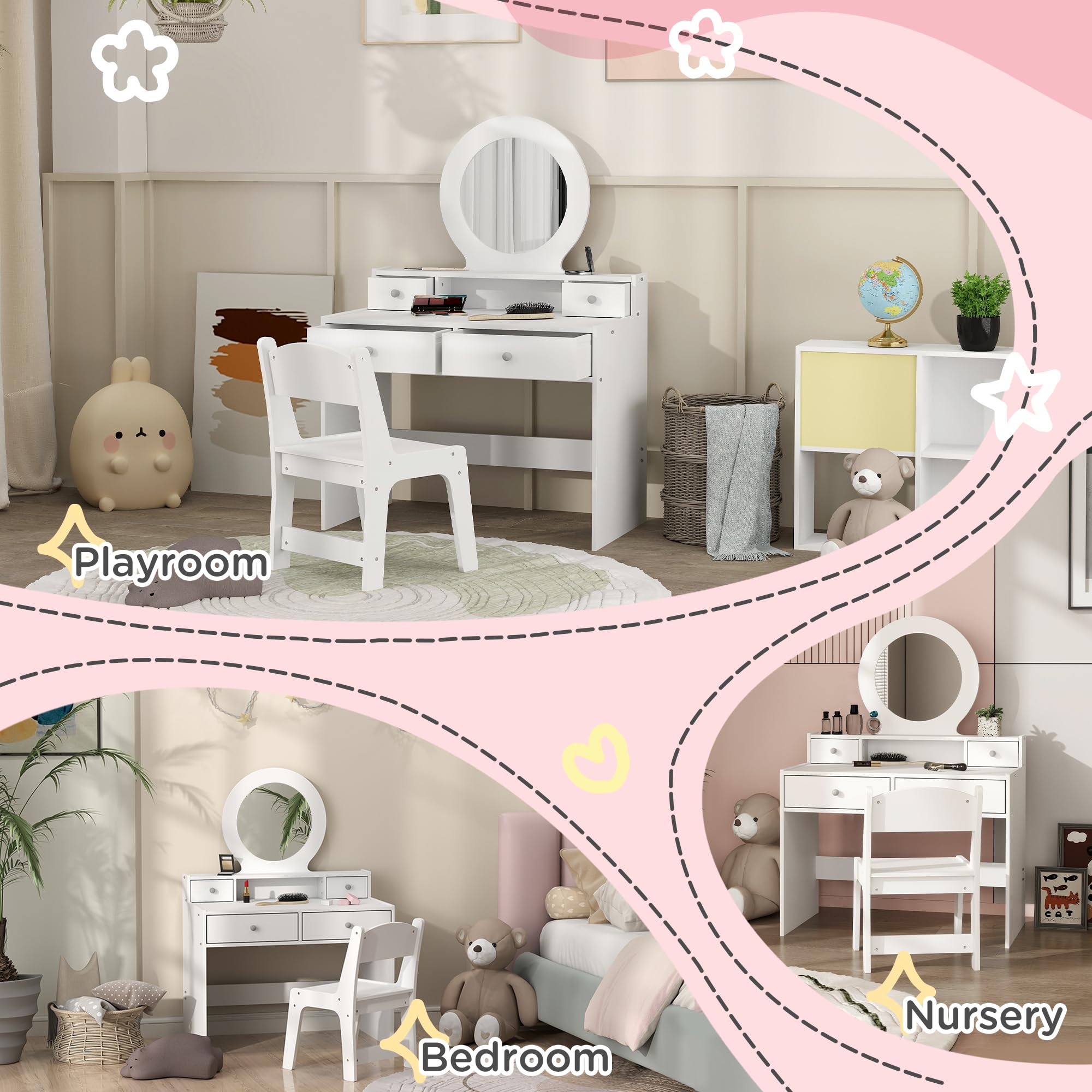 AIYAPLAY Tocador Infantil con Espejo y Taburete, Tocador Infantil Set de Maquillaje con Cajones de Almacenaje Regalo para Niños de 3 a 8 Años - Blanco
