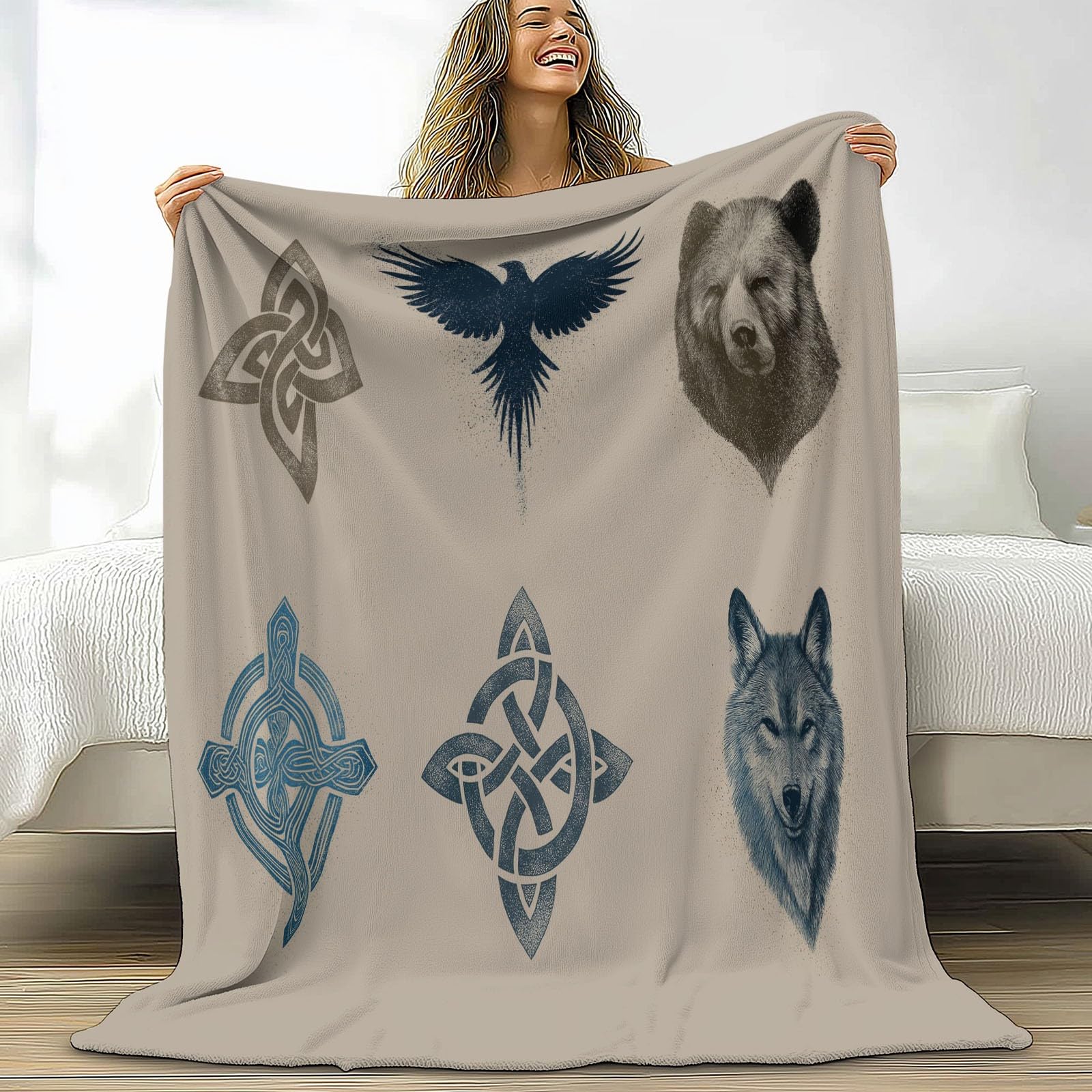 Podwójny koc polarowy 180 x 200 cm Runiczny Wilk Symbol na sofę i łóżko, ciepły i miękki koc z polaru flanelowego, kremowy - do łóżek na sofę i meble