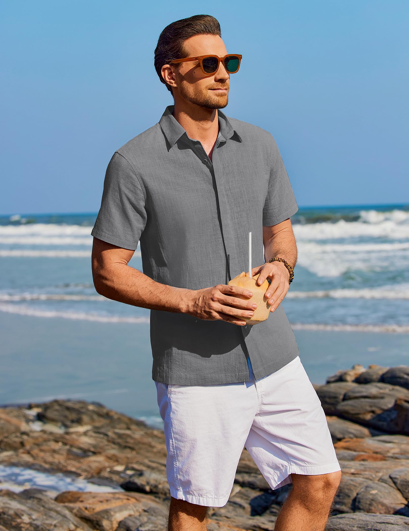 COOFANDY Camisa Hombre Manga Corta Verano 100% Algodón Camisas Hombre Casual Regular Fit - 4