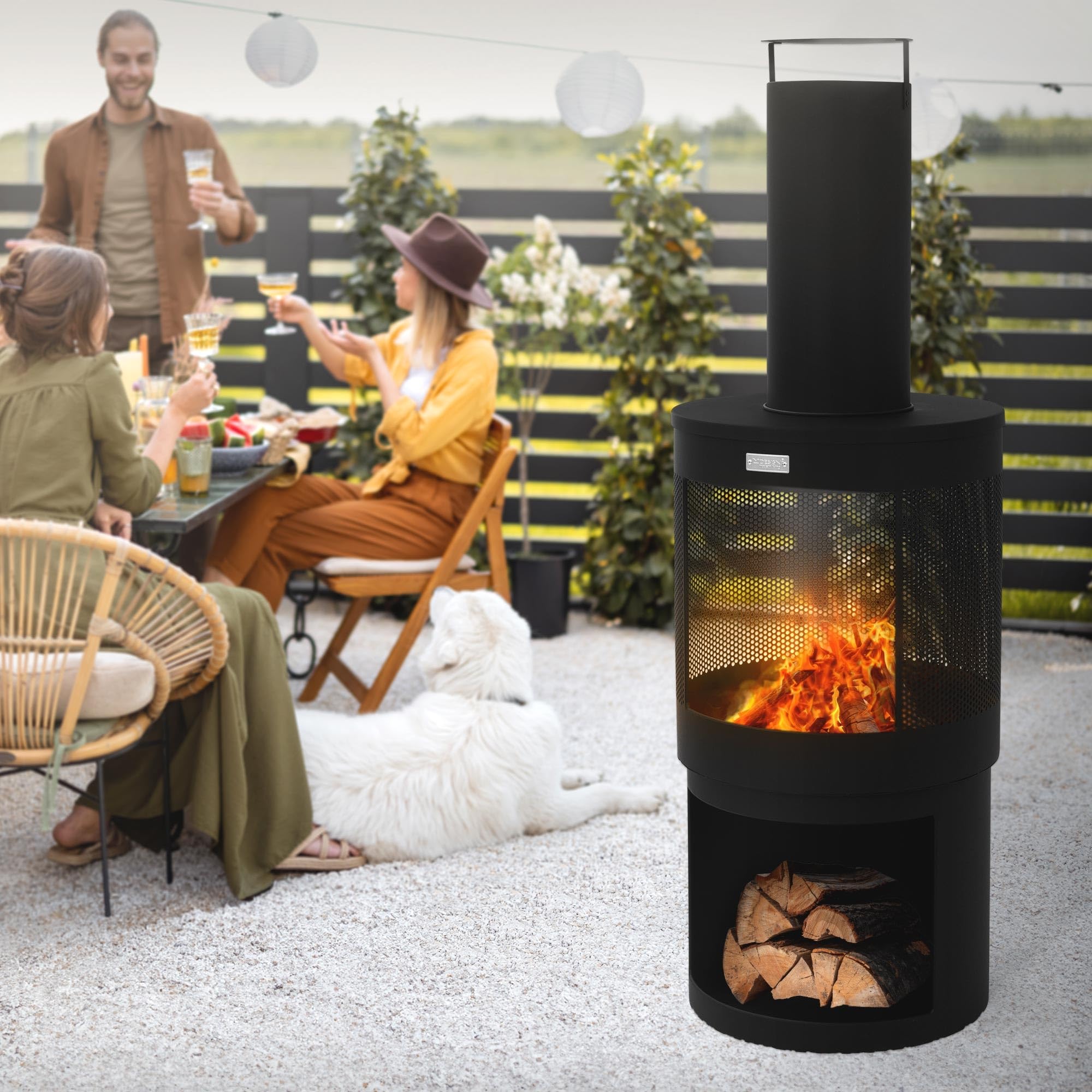 ML-Design Foyer de Jardin avec Cheminée, 131x45 cm, Rond, Noir, en Acier, Poêle de Terrasse Extérieur avec Tisonnier, Toit Amovible & Support à Bois, Brasero en Forme de Coupe/Panier à Feu Camping