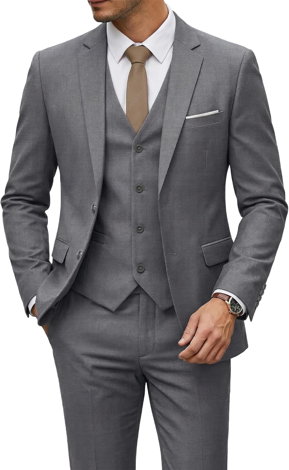 YND Men's Slim Fit 3-Piece Suit with Tie - 2-Button Blazer Jacket, Vest, Pants for Weddings, Business, Parties