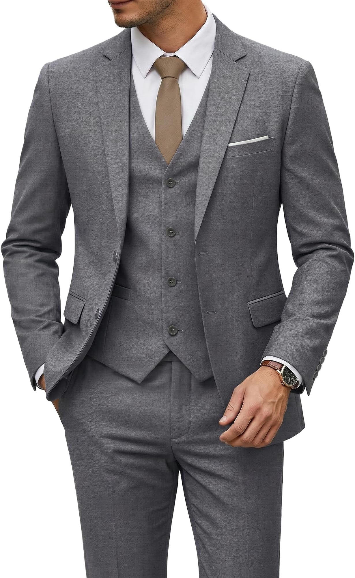 Men's 3 Piece Suit Set with Tie, 2 Button Slim Fit Solid Blazer Jacket Vest Pants, Business Wedding Party Suits for Men