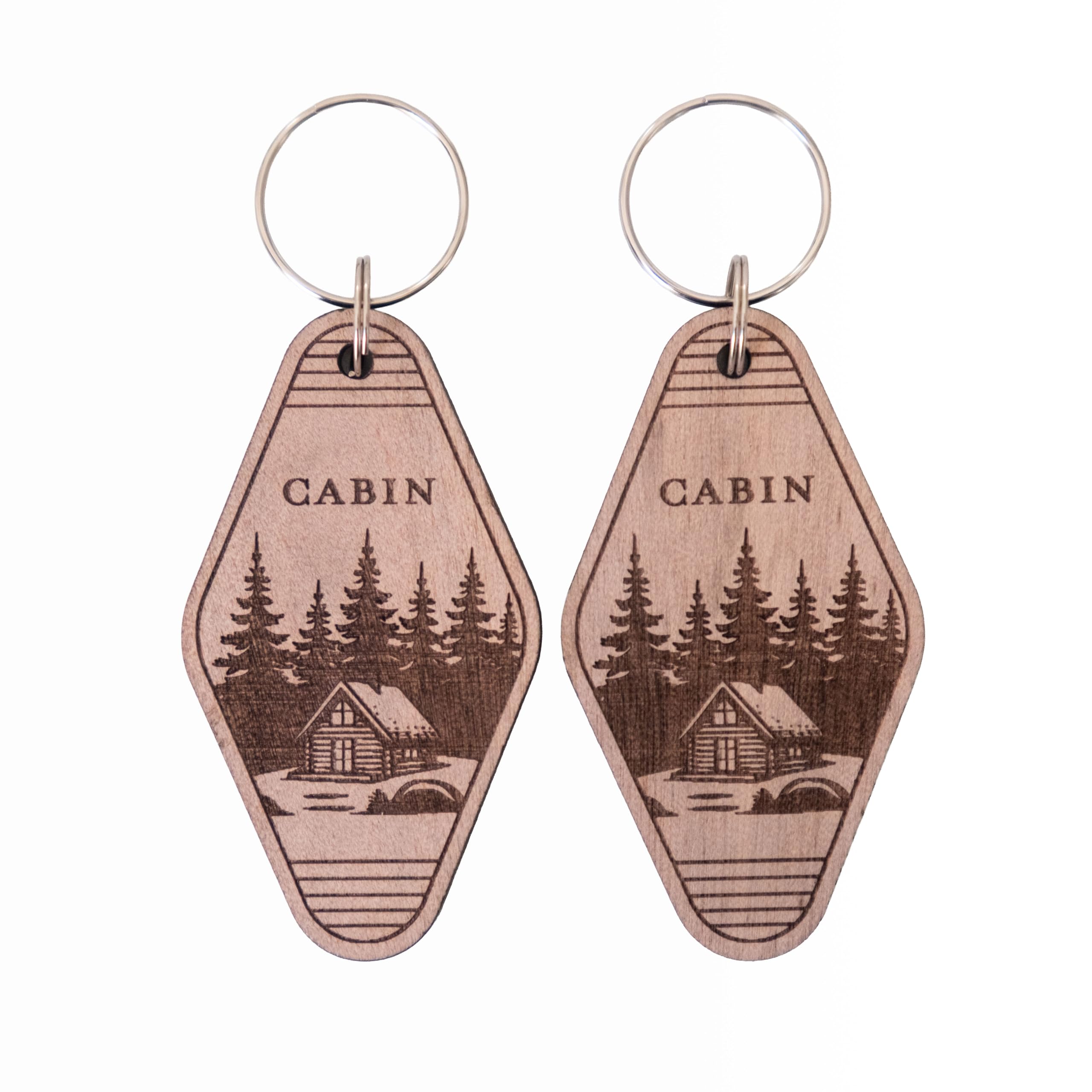 (2 Pack) Cabin Keychain – Double-Sided Laser Engraved – Real Wood – Rustic Cabin Gift