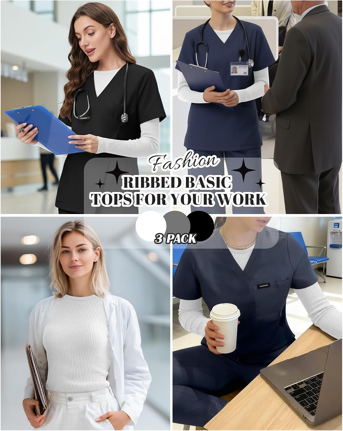 3 Pack Women's Ribbed Knit Underscrub Shirts, Cotton Long Sleeve Scrub Undershirt Crewneck Top Basic Tee for Nurse