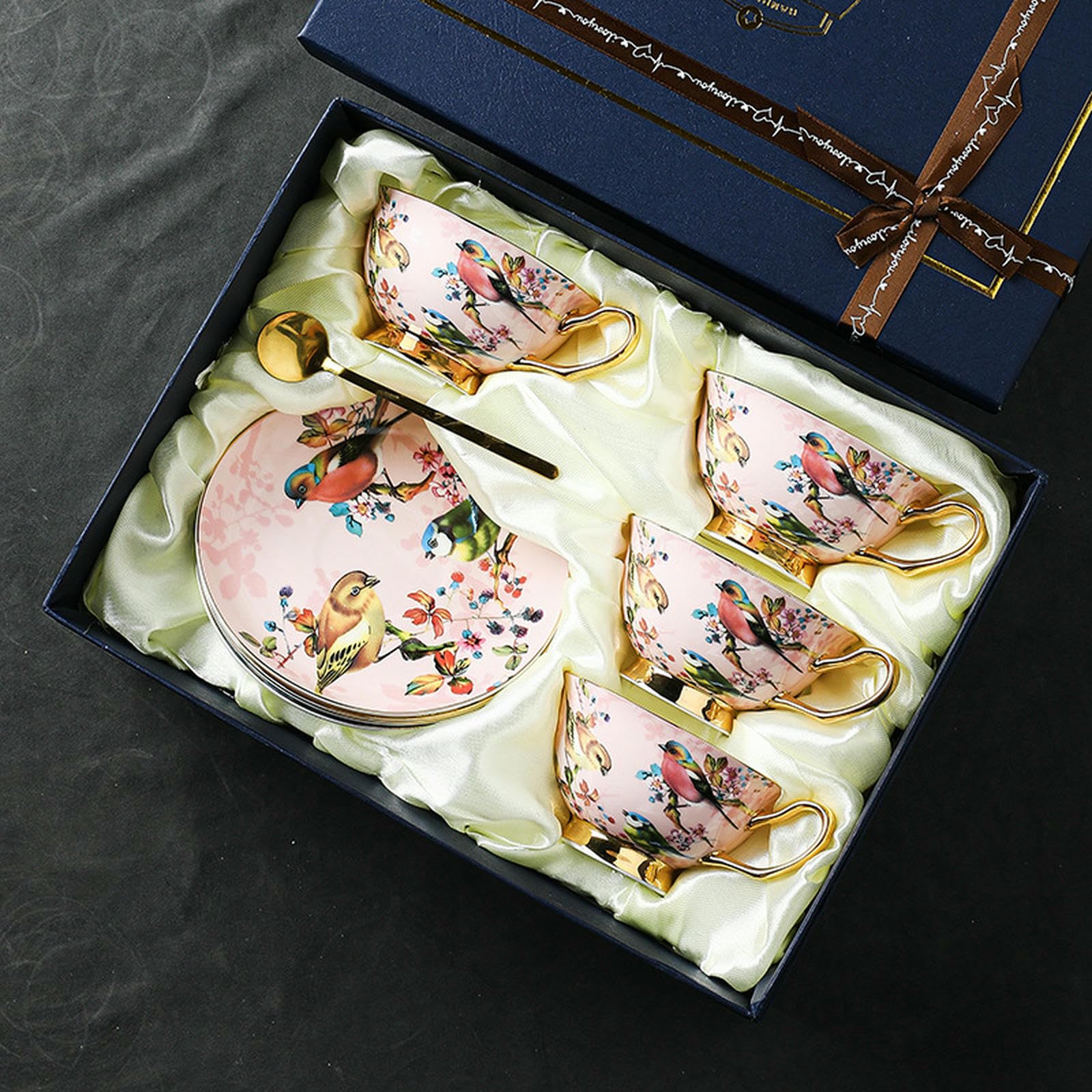 Kreatywny i spersonalizowany zestaw filiżanek do kawy, porcelana kostna popołudniowa herbata domowa filiżanka do herbaty - różowy ptak 2 filiżanki 2 talerze 2 łyżki 1 uchwyt na kubek pudełko