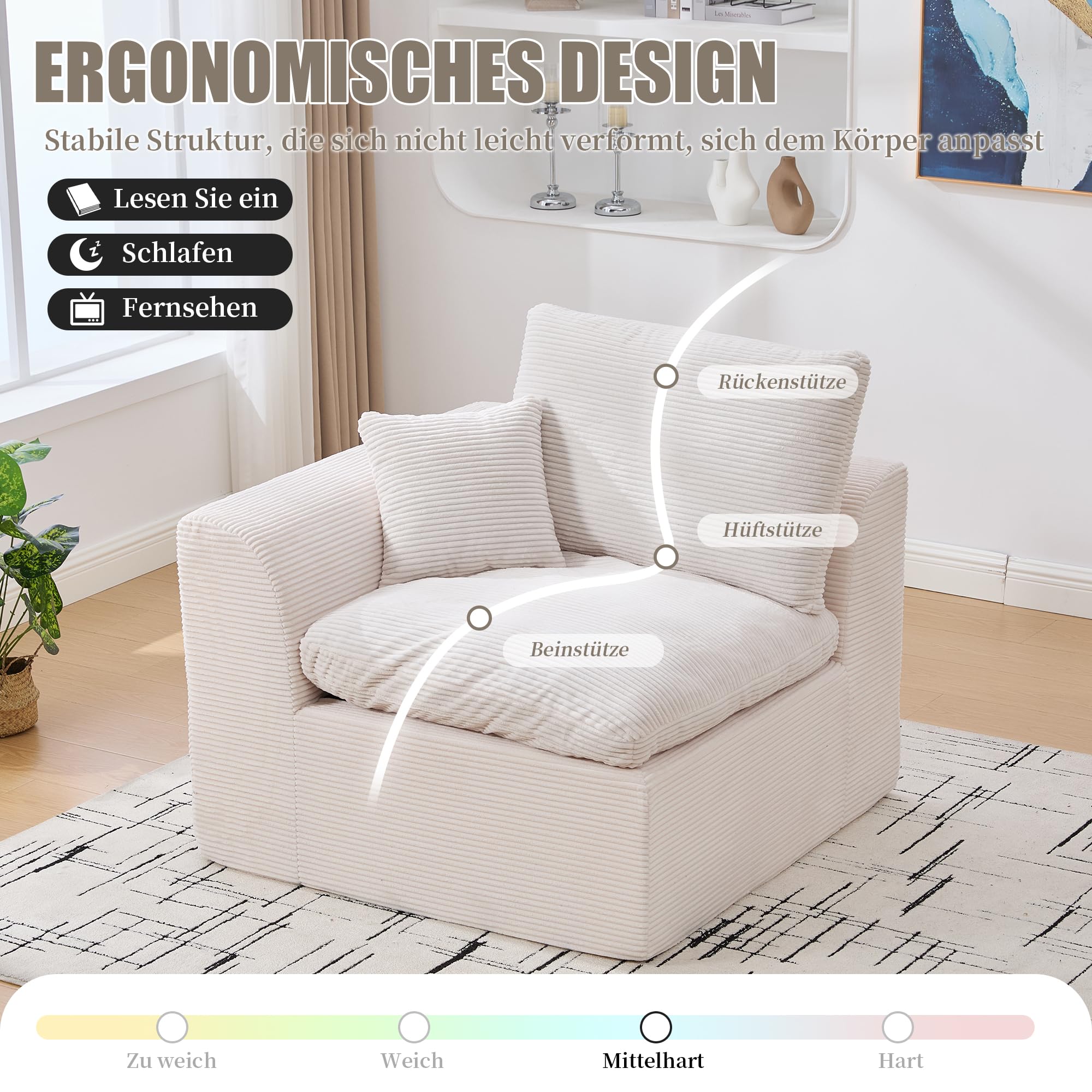 Divano modulare a 2 posti Cloud, divano senza osso, in spugna altamente elastica e tessuto a coste, poltrona morbida e confortevole, completa di cuscino, per soggiorno e camera da letto, beige