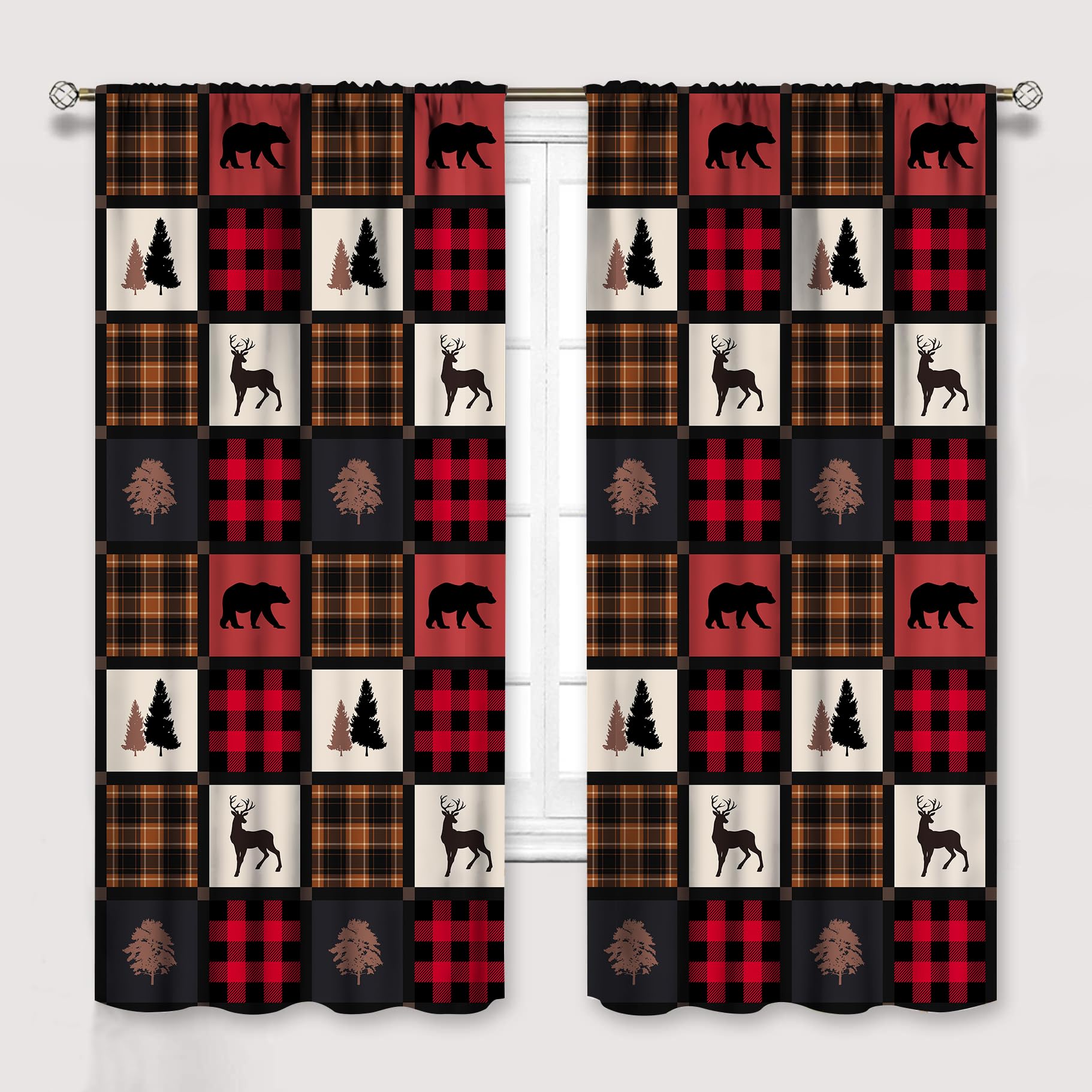 Cabin Retro Curtains Rustic Lodge Window Treatments, Bear Deer Moose Wild Animals Curtains for Living Room, Plaid Check Adventure Farmhouse Drapes 2