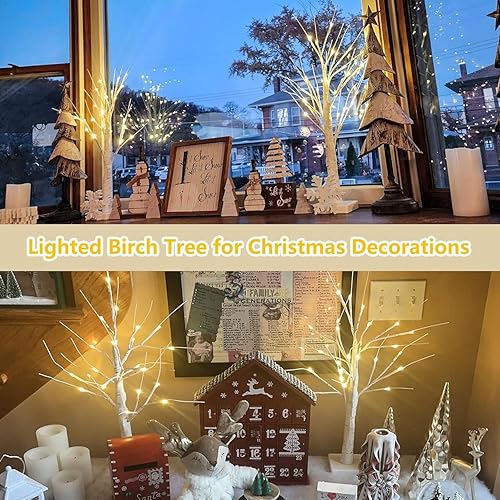 Miniatura 5 de Paquete de 2 abedules iluminados de 2 pies con temporizador para decoraciones de Pascua, árbol de abedul artificial con 48 luces LED blancas