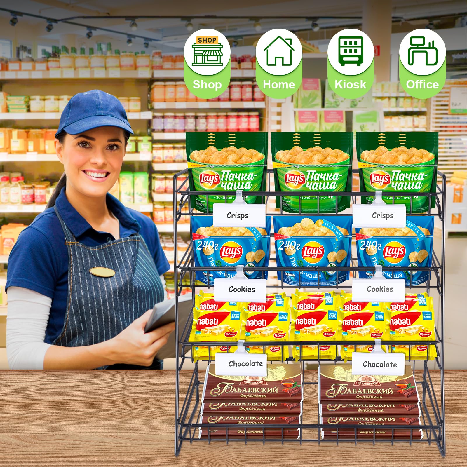 4 livelli di presentazione caramelle scaffale per caramelle, snack per bancone, snack, supporto per vendita al dettaglio, feste, cucina, negozi, ufficio