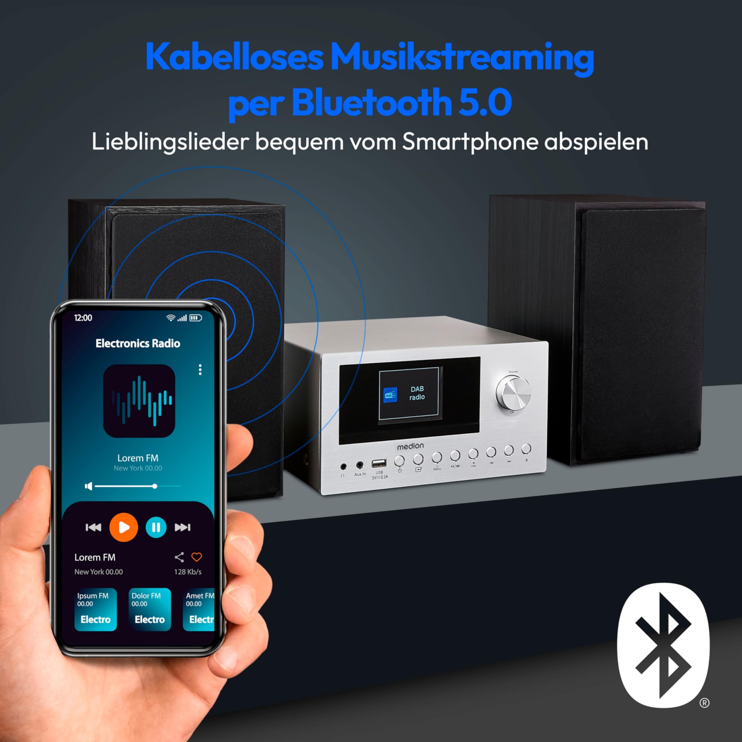 MEDION P85003 Micro Audio System Kompaktanlage (Internetradio, DAB+, PLL UKW Radio, Bluetooth, USB Anschluss, AUX, 2x150 W) Silber