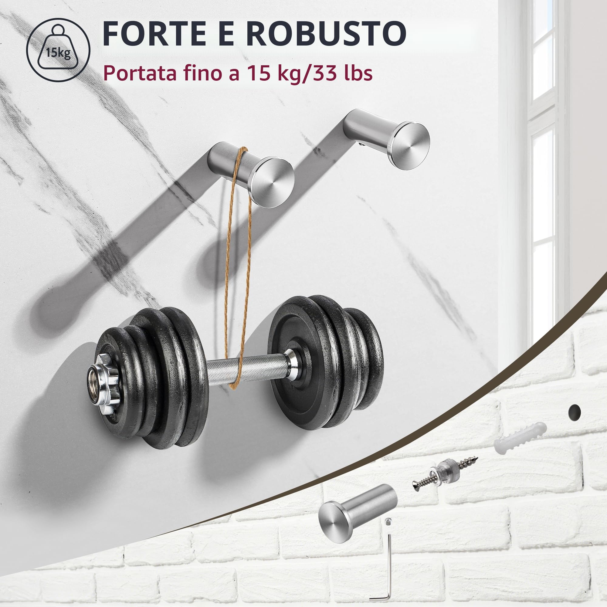 SAYAYO Ganci Accappatoio Bagno in Acciaio Inox Gancio Appendiabiti, Appendi Strofinacci Cucina Ganci da Parete Appendi Accappatoio Bagno Capacità Carico 15 kg, 2 Pezzi, Argento