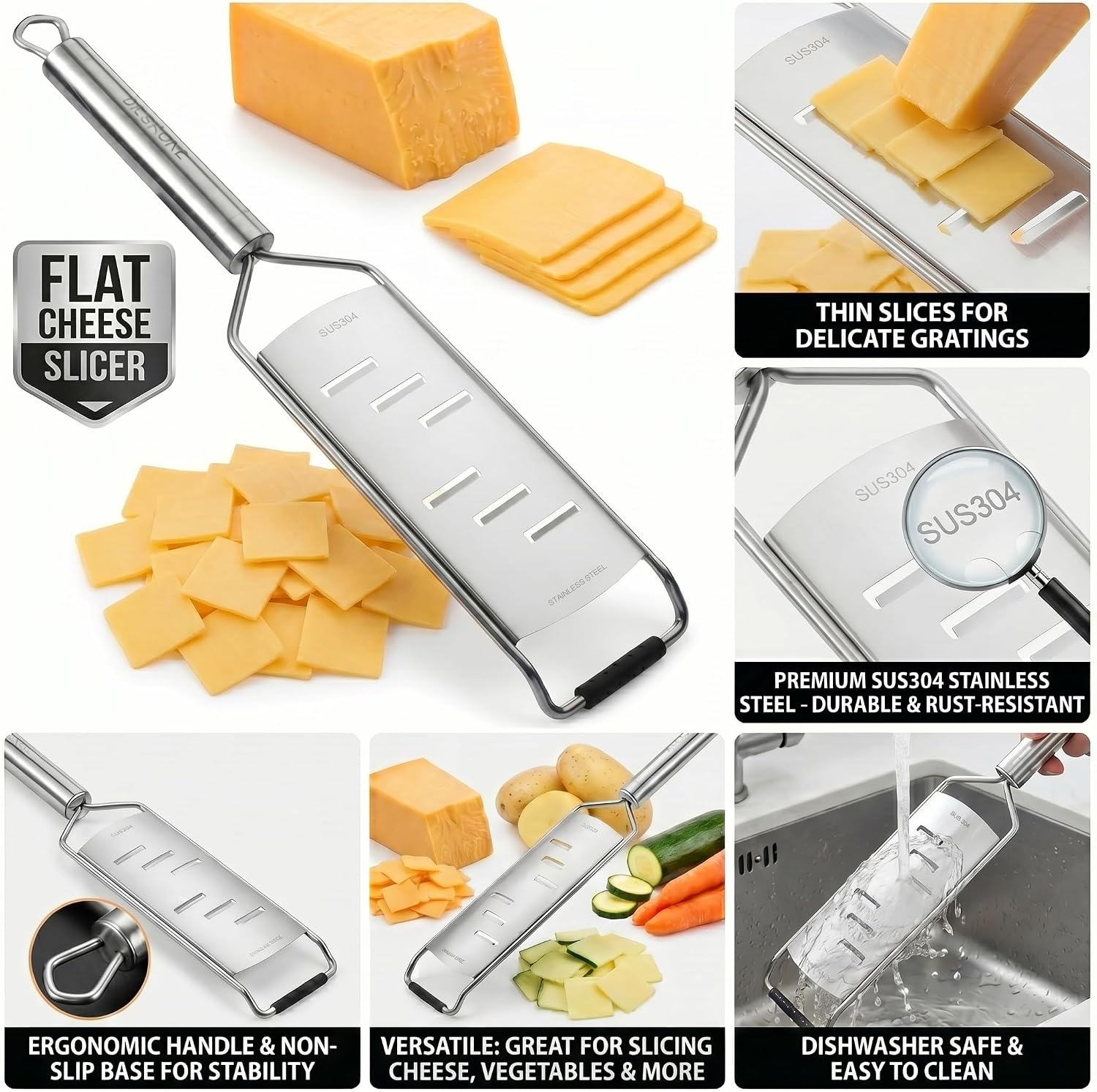 304 Stainless Steel Manual Grater Zester, Multi-Purpose Shredder for Cheese, Ginger, Garlic, Nutmeg, Chocolate, Fruits & Vegetables, Dishwasher Safe (Slice Grater)