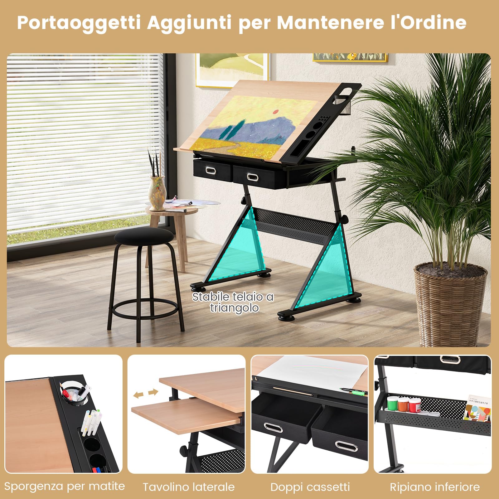 GYMAX Tavolo da Disegno Regolabile in Altezza, Scrivania Regolabile in Inclinazione, Tavolo per Dipingere con Sgabello, 119 x 60 x (73,5-98) cm (NATURALE)