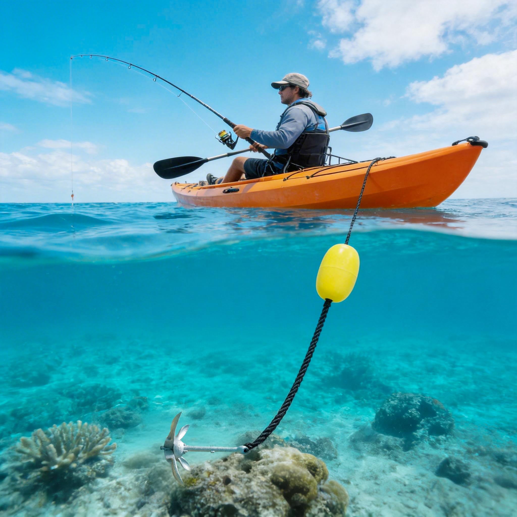 UISEBRT Ancoraggio pieghevole per barche in ghisa zincata a caldo, 0,7/1,5 kg, con corda di ancoraggio da 10 m, moschettone, boa e borsa per il trasporto impermeabile per barca gonfiabile, kayak, SUP