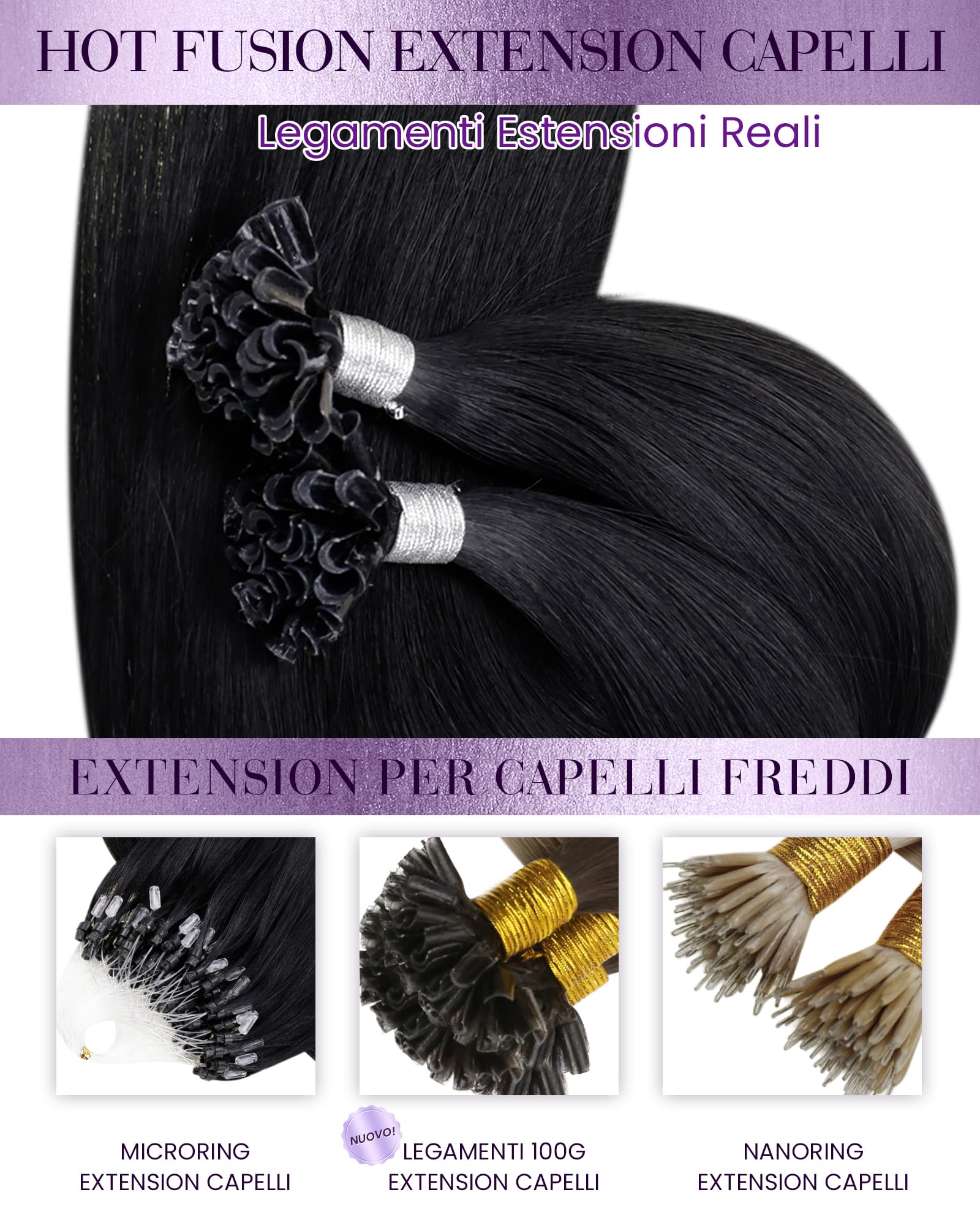 LaaVoo Extension Capelli Veri Cheratina Nero Jet 60cm 50g 50 Ciocche Morbidi Setosi