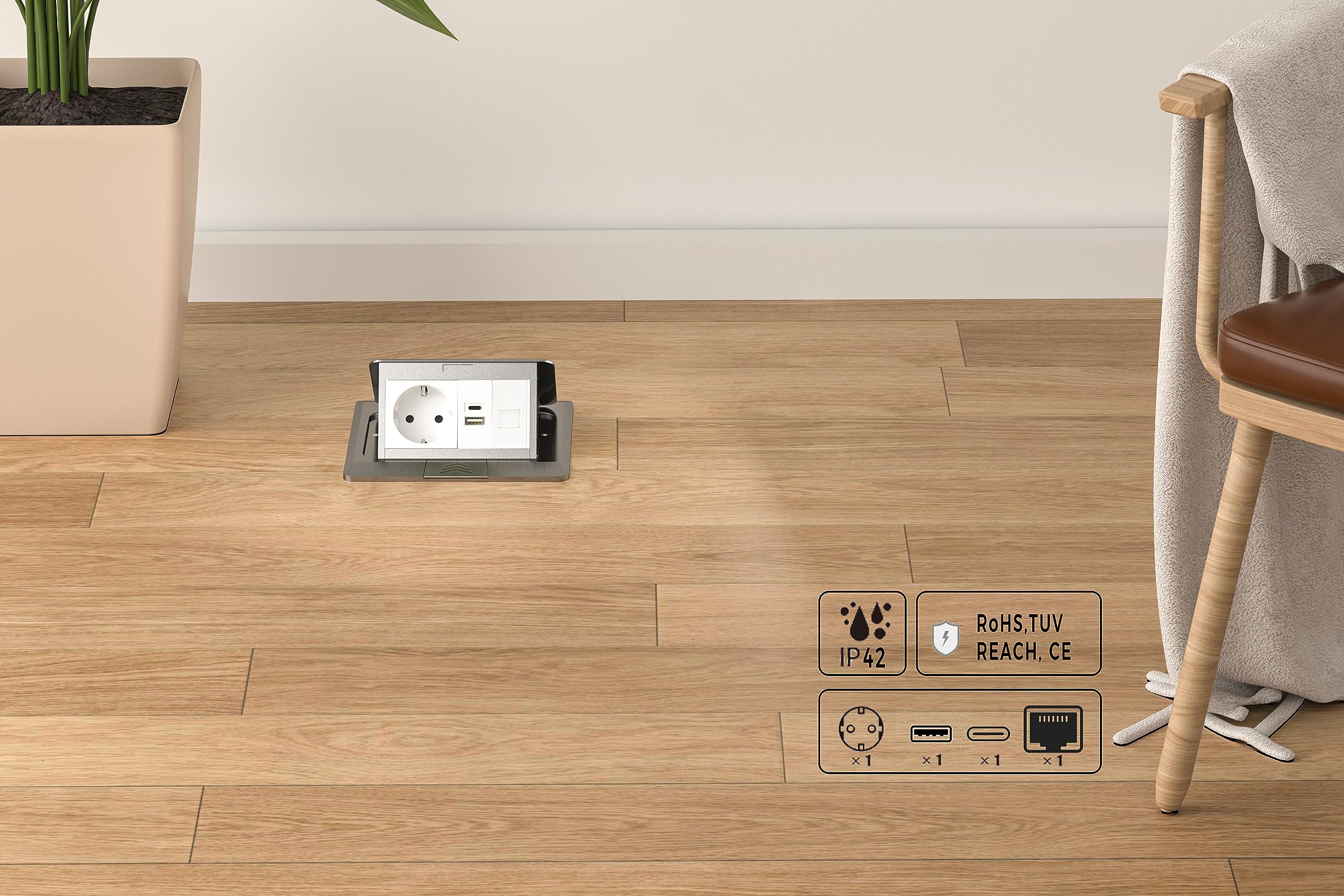Bodeneinbausteckdose ELBE Inno, 1 Einbaustecker, 1 USB-A, 1 USB-C, 1 CAT6 RJ45, silbernes Aluminium-Finish, Deckel mit Soft-Pop-up-Funktion, IP42 Wasser- und staubdicht