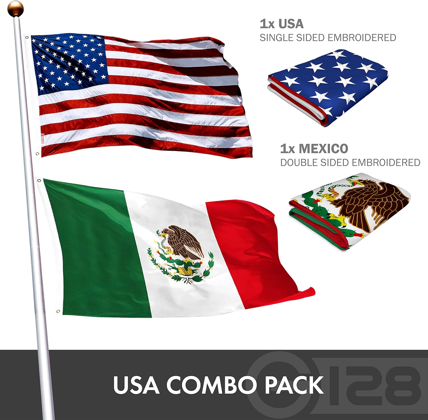 G128 Combo Pack: USA American Flag 3x5 Ft Embroidered Stars & Mexico Flag 3x5 Ft Embroidered Double Sided 3ply