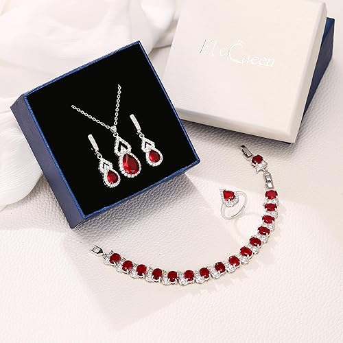 Vista 4 de EleQueen Juego de joyas para mujer, dama de honor nupcial, collar de circonita cúbica con forma de lágrima y aretes abiertos, juego de pulsera