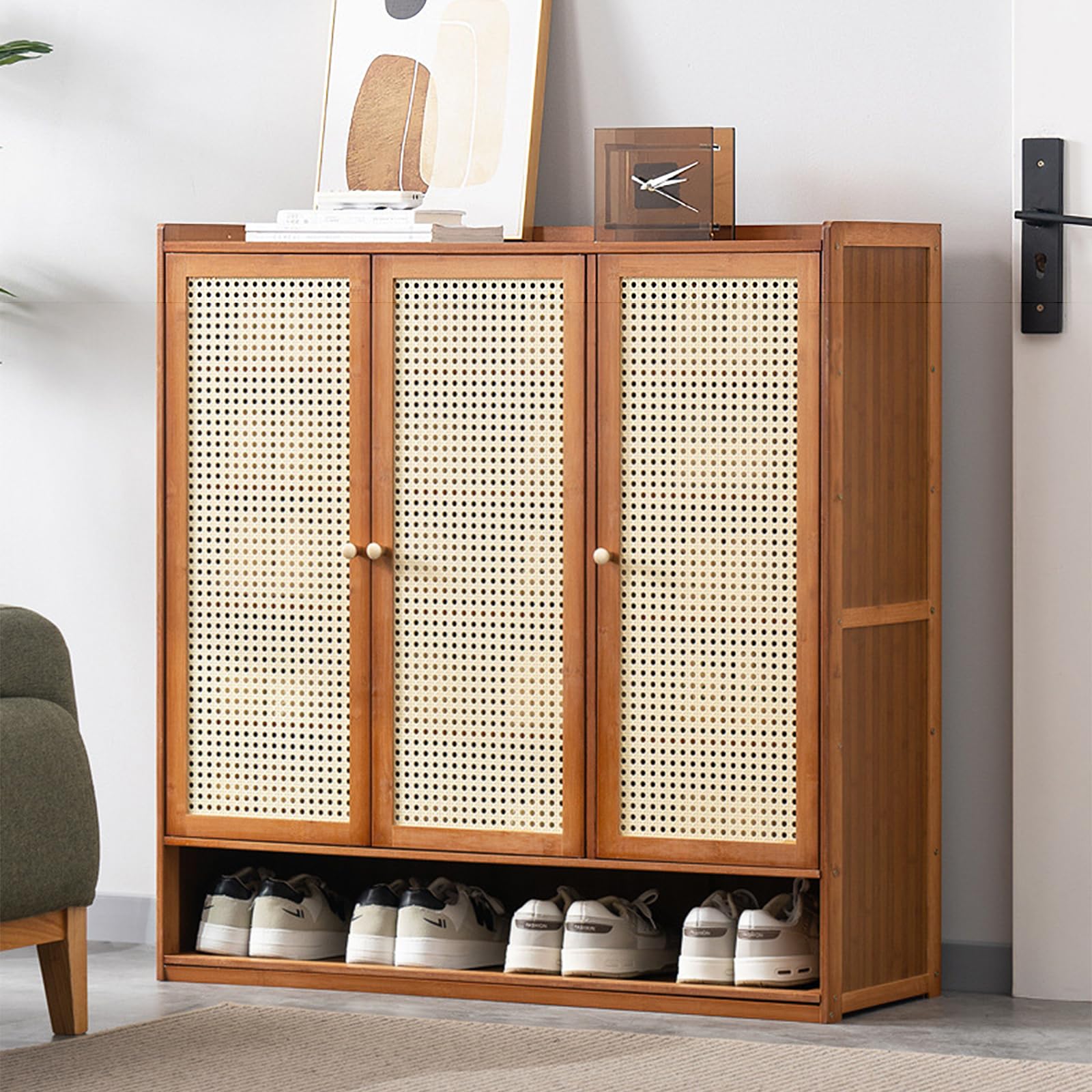 LMYSXAOZ 7-Tier Bamboo Shoe Cabinet with Doors - Freestanding Wooden Rack for Entryway, Hallway, Living Room, and Closet Stylish Rattan Organizer in Brown