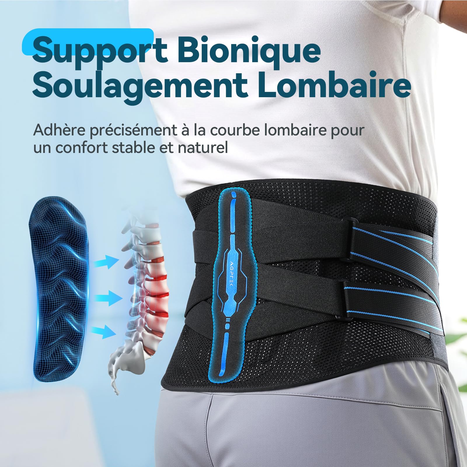 AGPTEK Ceinture Lombaire, Ceinture de Soutien Dorsal Respirant avec Coussin 3D Ergonomique, Soulage les Douleurs Lombaires, Ceinture à Double Sangle Réglable pour Sport, Musculation, Homme/Femme, M