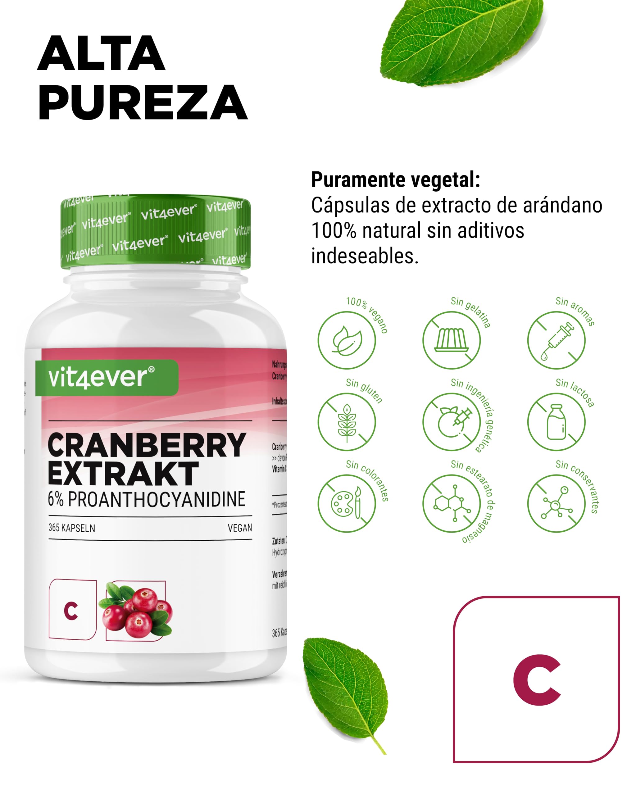Extracto de arándano rojo + Vitamina C – 365 cápsulas de arándano rojo – Extracto 25:1, equivalente a 25.000 mg – 6% proantocianidinas – Alta dosis, sin aditivos indeseados, vegano