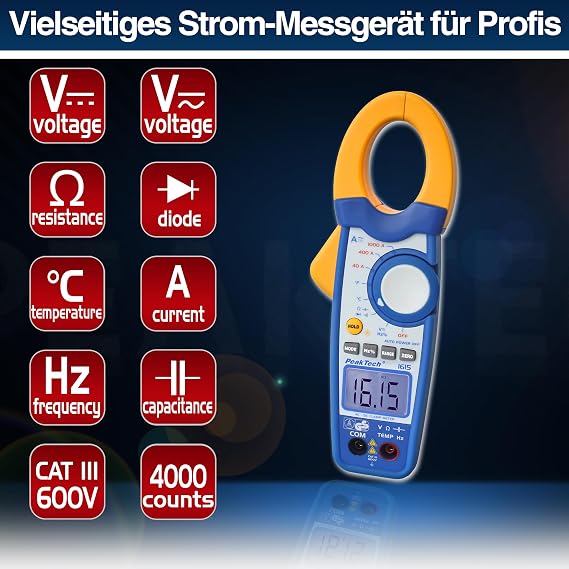 PeakTech 1000 A AC/DC Current Clamp – 3999 – Digits Voltage Continuity Tester Multimeter/Voltmeter/Diode Test Thermometer Capacity Test – 1 x P 1615