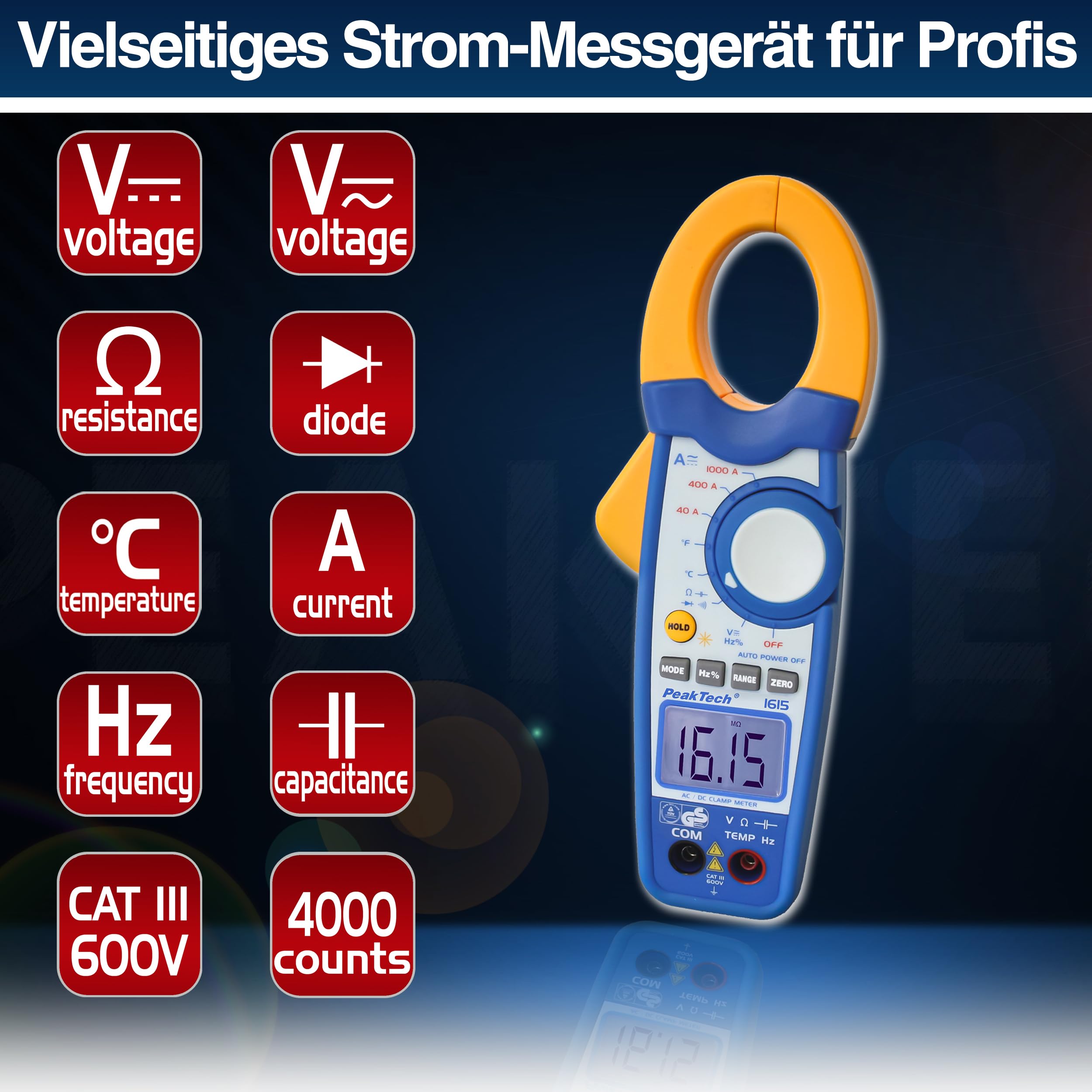 PeakTech 1615 - Pince Ampèremétrique 1000A AC/DC, Multimètre à Pince, TÜV/GS, CAT III, Pince de Courant, 4000 counts, Voltmètre sans Contact, Ampèremètre, Testeur de Continuité - Max. 600 V