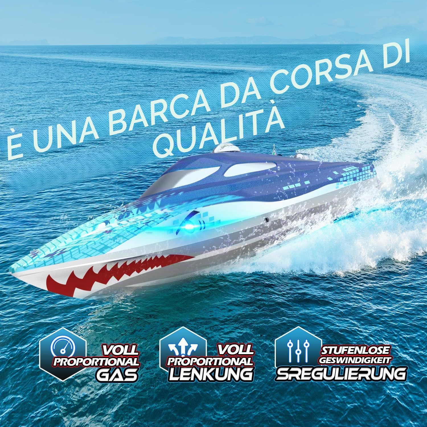 DEERC Barca RC con luce LED, barca a squalo telecomandata per piscine e laghi, barca radiocomandata da 20 km/h, barca da corsa da 2,4 GHz