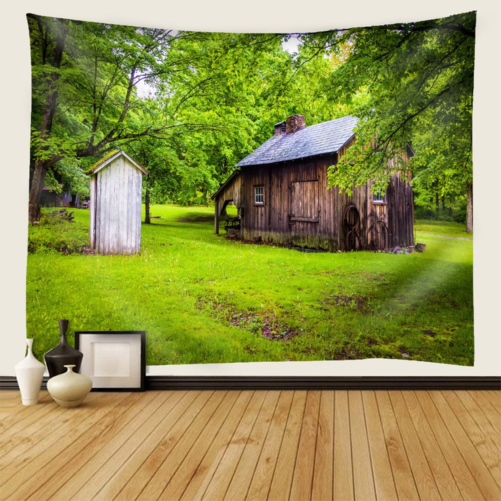 Lirzxin Wandteppiche 240x220CM, Wandtuch Wald Holzhütte Landschaft Grün Braun Tapestry Tapisserie Wandbehang für Schlafzimmer Wohnzimmer Wohnheim Wanddeko