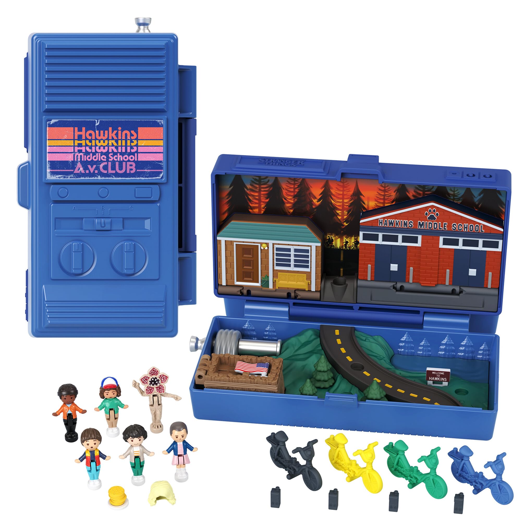 Polly Pocket Estuche Stranger Things con forma de walkie talkie con 6 mini muñecos y 10 accesorios, juguete para coleccionistas inspirado en la serie, +4 años (HWP22)