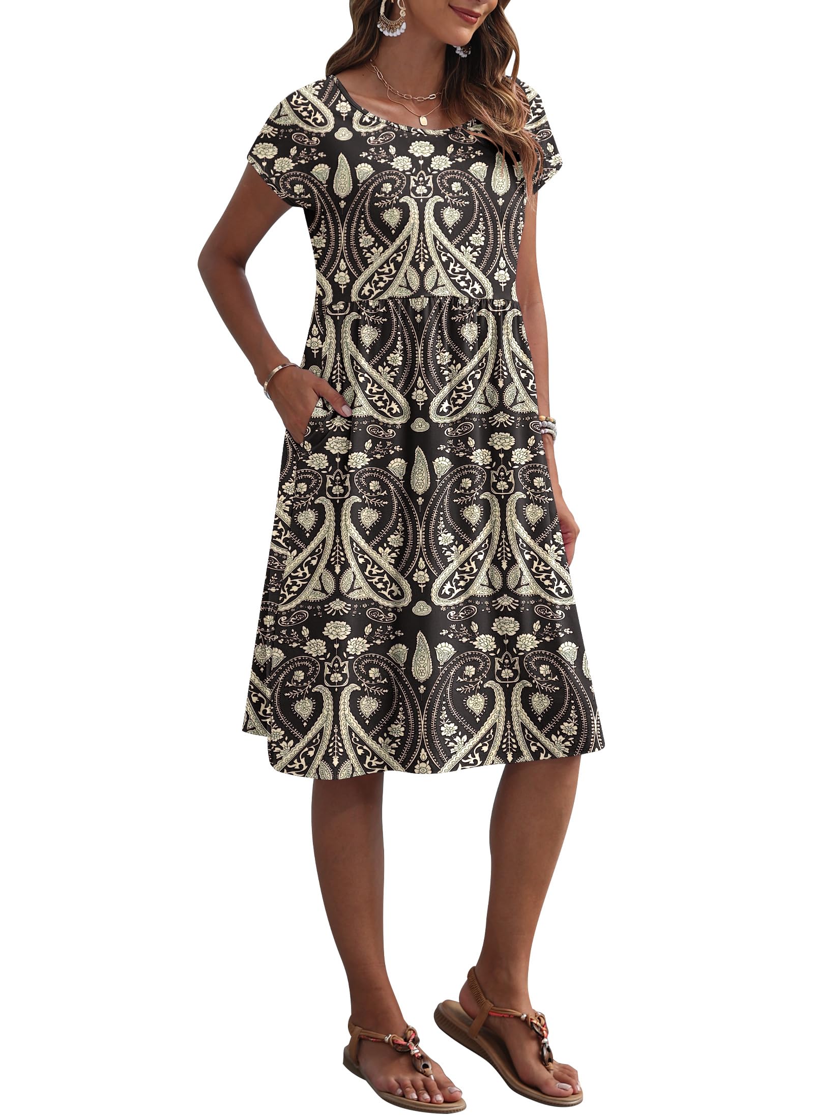 AUSELILY Vestito Estivo da Donna a Maniche Corte Abiti Casual Larghi Abito al Ginocchio con Scollo a Girocollo e Tasche