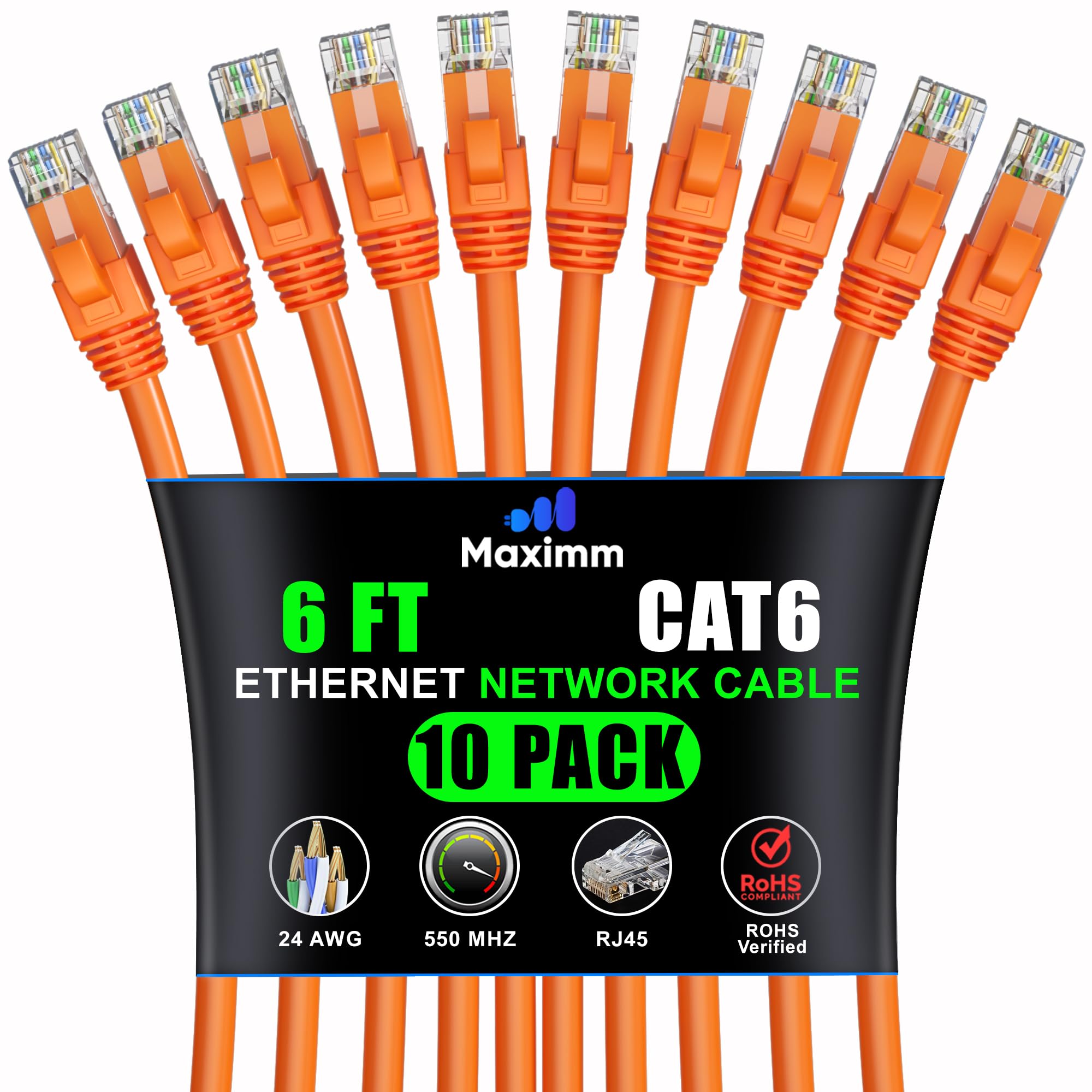 Maximm Cat 6 Ethernet Cable 6 ft (10-Pack) - High-Speed LAN Cable, Internet Cable, Patch Cable, and Network Cable - UTP, 10Gbps, 550MHz Ethernet Cord