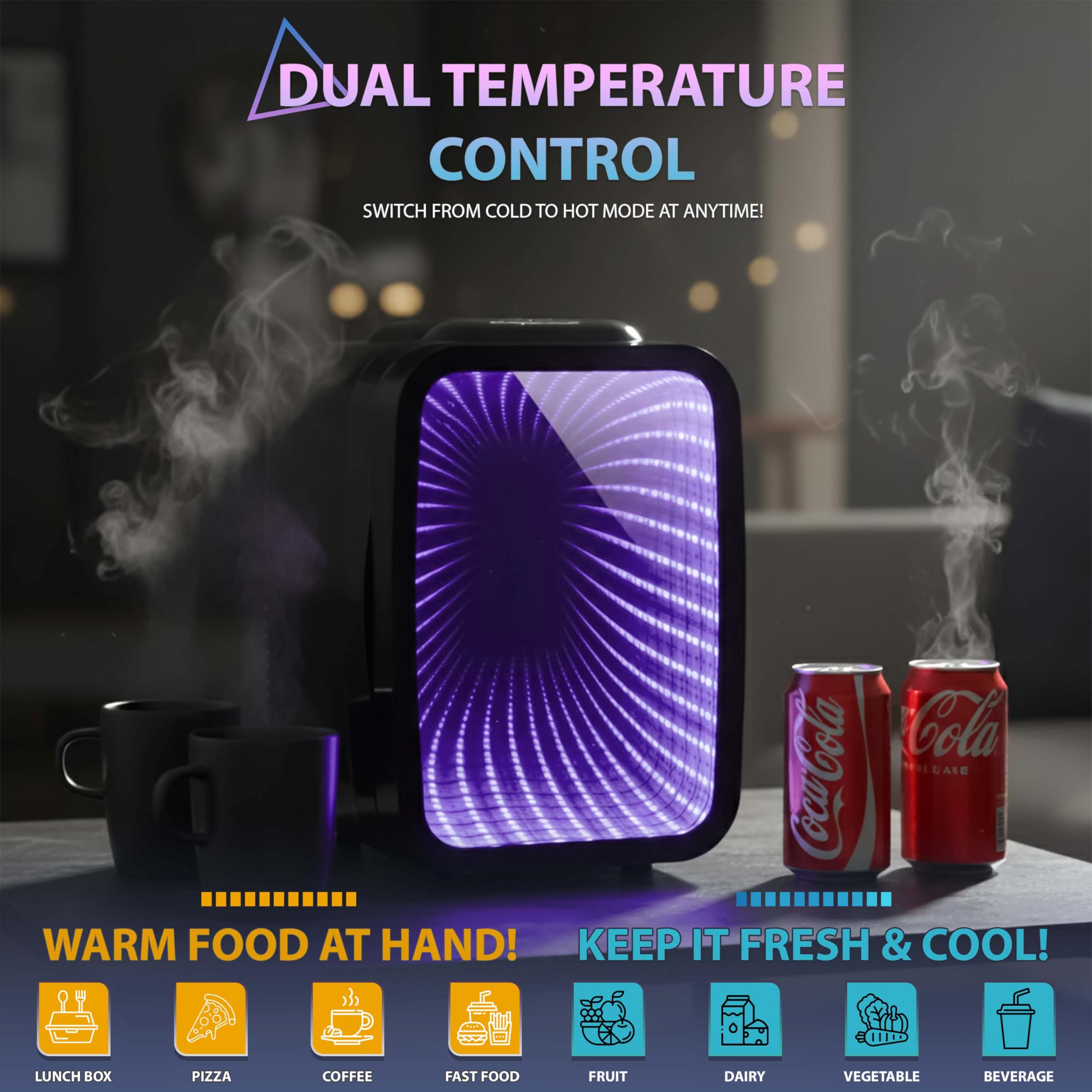 Crystals 4/10/15L Litre Mini Fridge, Table Top Small Fridge Cooler & Warmer for Car Bedrooms Desk Office, 12V DC - 220 AC, Mini Fridge for Bedrooms (RGB Infinity - BLACK, 4L Lights) — view 2