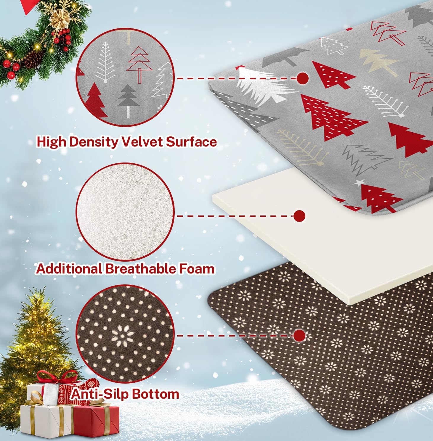 ArtSocket Juego de 3 tapetes de baño de Navidad, antideslizantes, absorbentes de invierno, de espuma viscoelástica, lavables a máquina, con diseño de árbol de Navidad