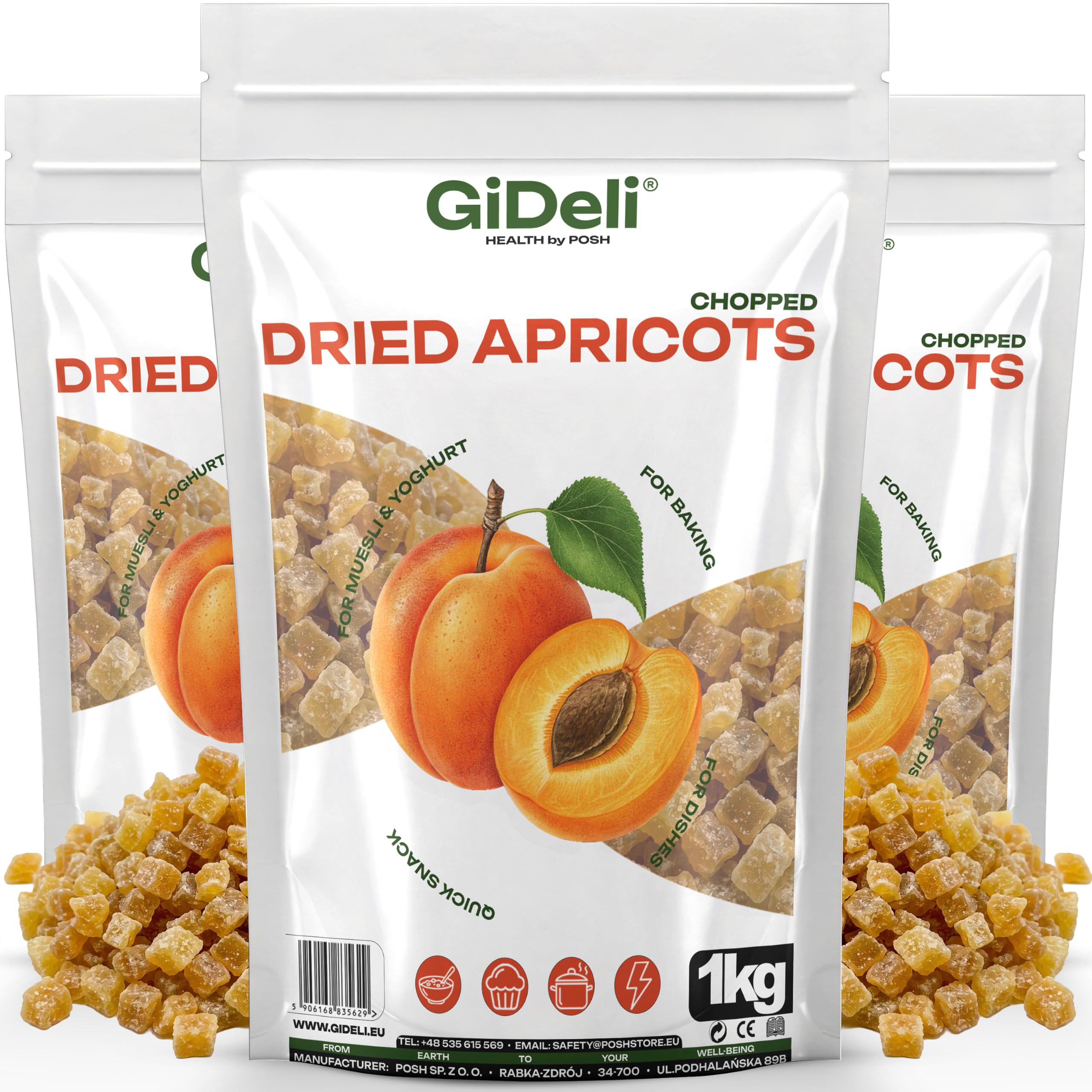 GiDeli Getrocknete Aprikosen 3X1kg Gewürfelt Ohne Zuckerzusatz Für Müsli | hoher Fruchtanteil, klebt nicht dank Reismehl, direkt einsatzbereit, ideal für Müsli, Joghurt und zum Backen