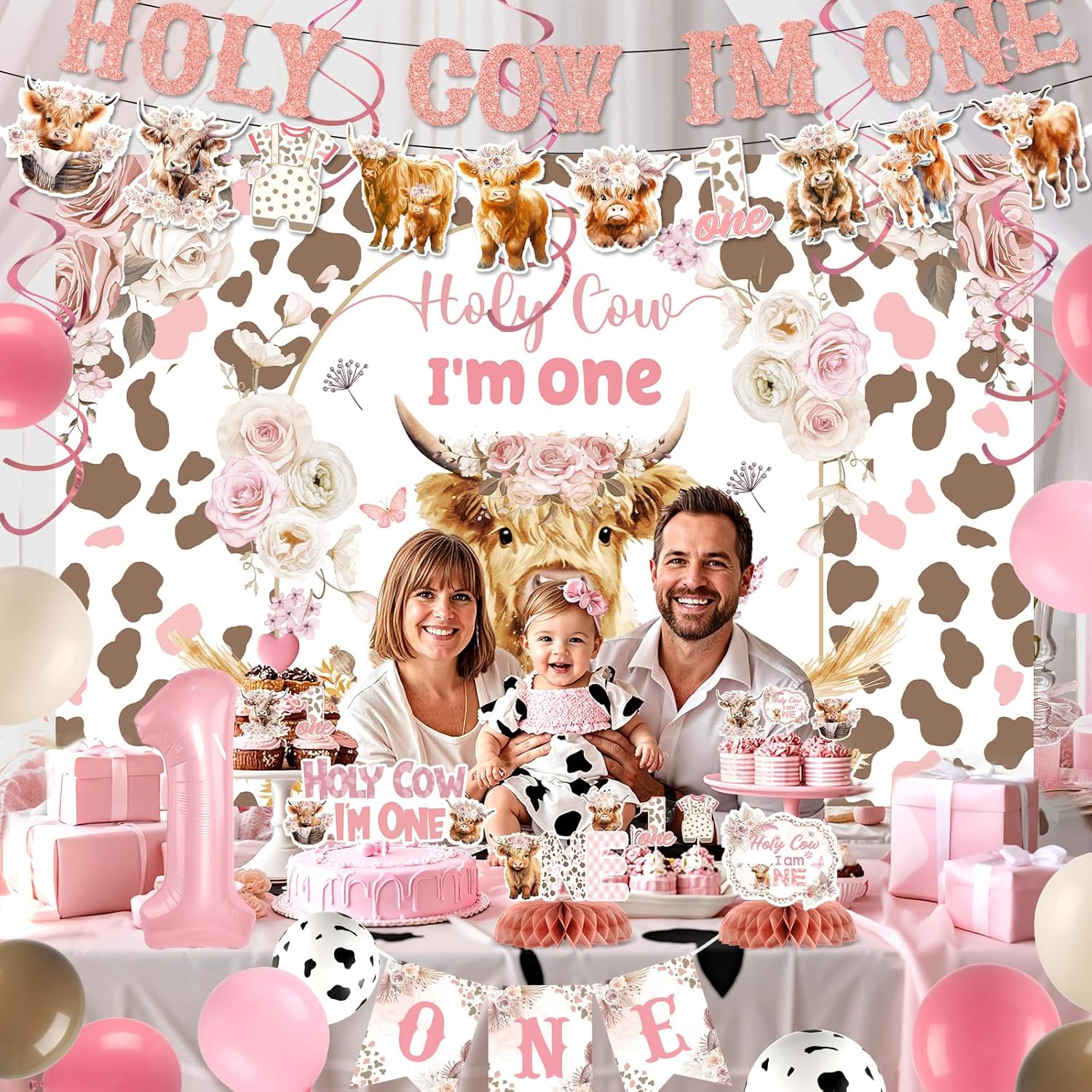 Highland Cow 1st Birthday Decorations for Girl Floral Boho Holy Cow Im One Birthday Backdrop Pink First Bday Chair Banner Honeycomb Cupcake Topper for Bohemian Animal One Year Old Party Supplies - Image 4