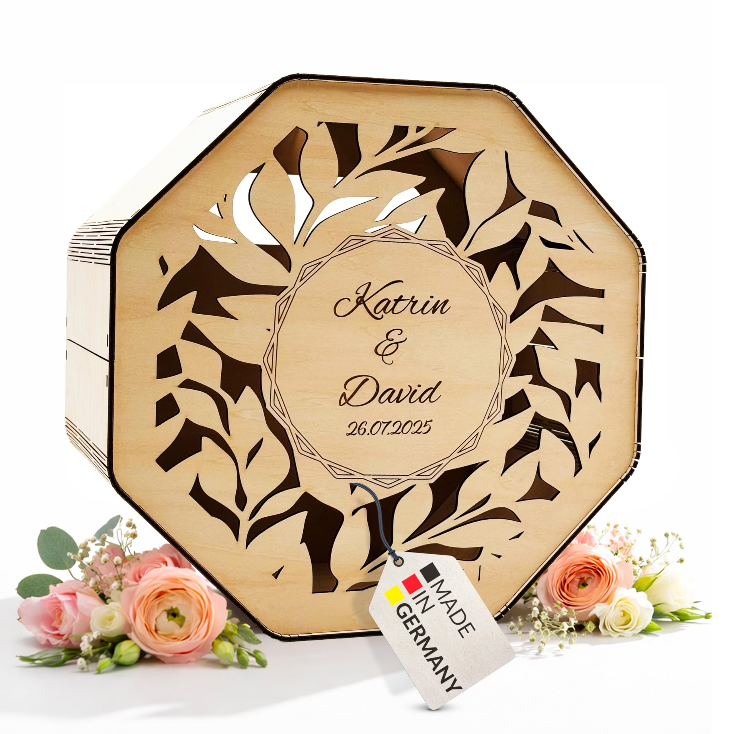 BirdartBox® Kartenbox Hochzeit personalisiert | Hochzeitsbox für Geldgeschenke hochwertig aus Holz, Schatulle mit Gravur Name und Datum